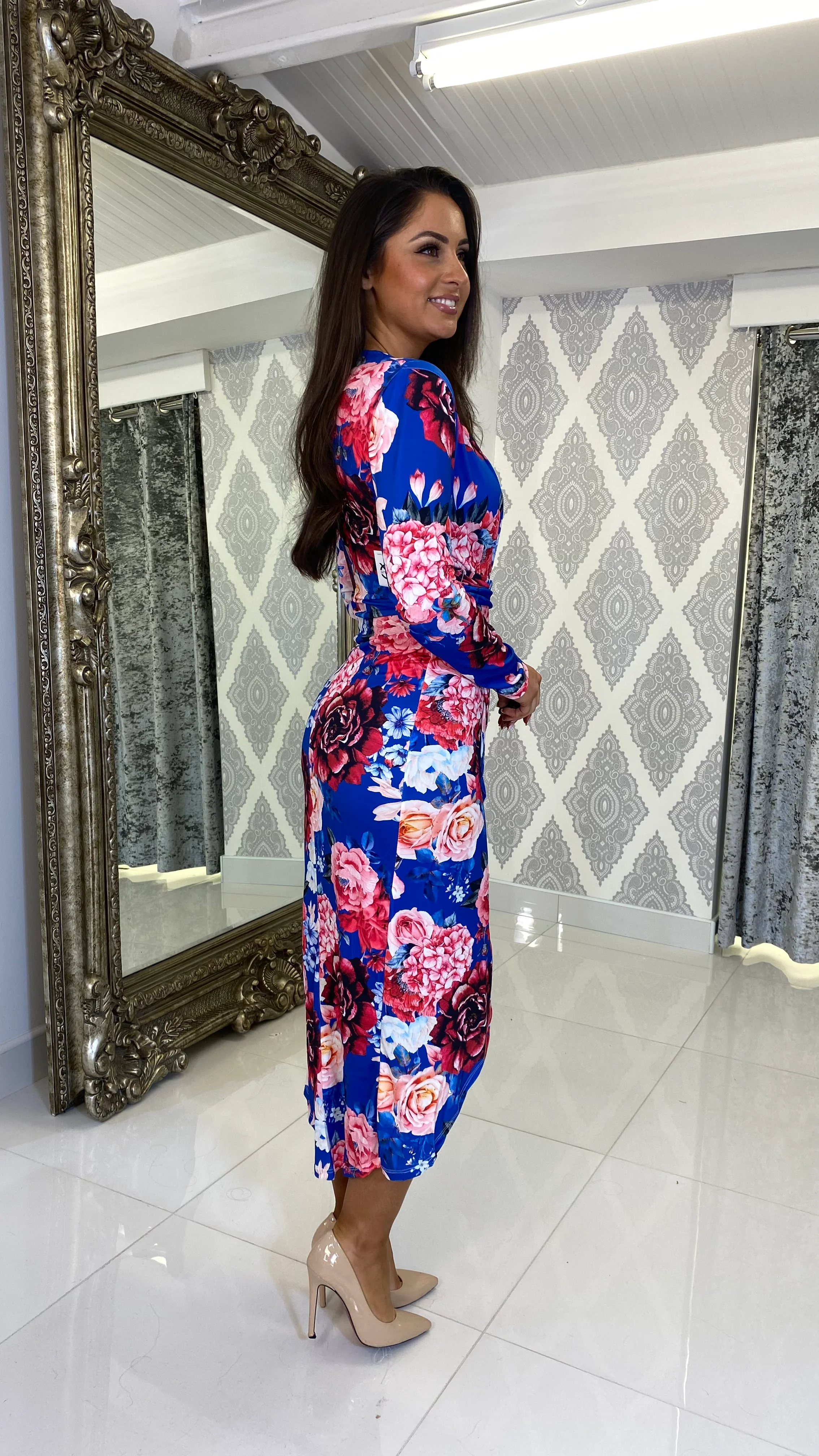 Blue Rose Print Midi Ruched Dress