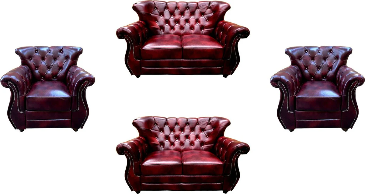 Luxury Chesterfield genuine leather living room set burgundy red / brown / silver - 2 leather sofas & 2 leather armchairs - living room furniture - Chesterfield furniture