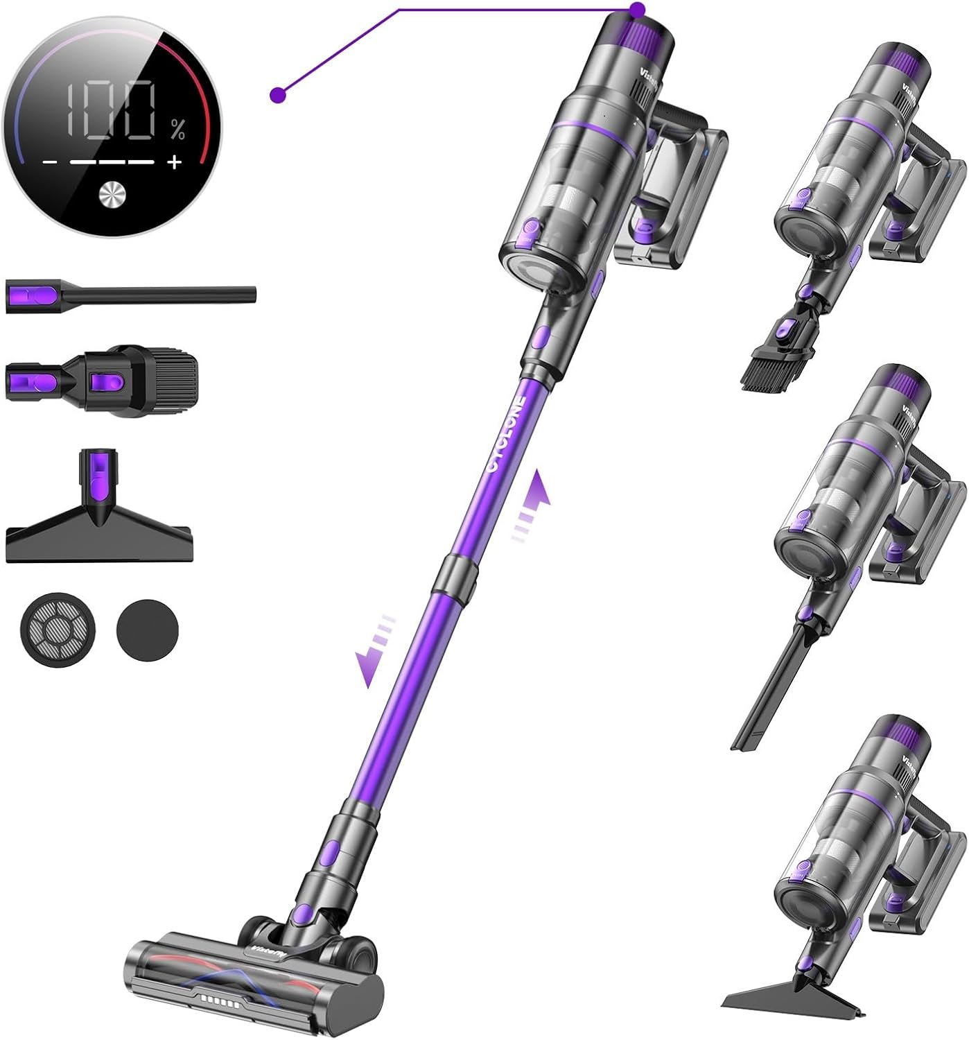 Vistefly V15s MAX Aspirapolvere senza Fili, 45Kpa 580W Scopa Elettrica Potente 8 in 1 Autonomia fino 70 Minuti, con Modalità Automatica per Peli Capelli Pavimento Tappeti