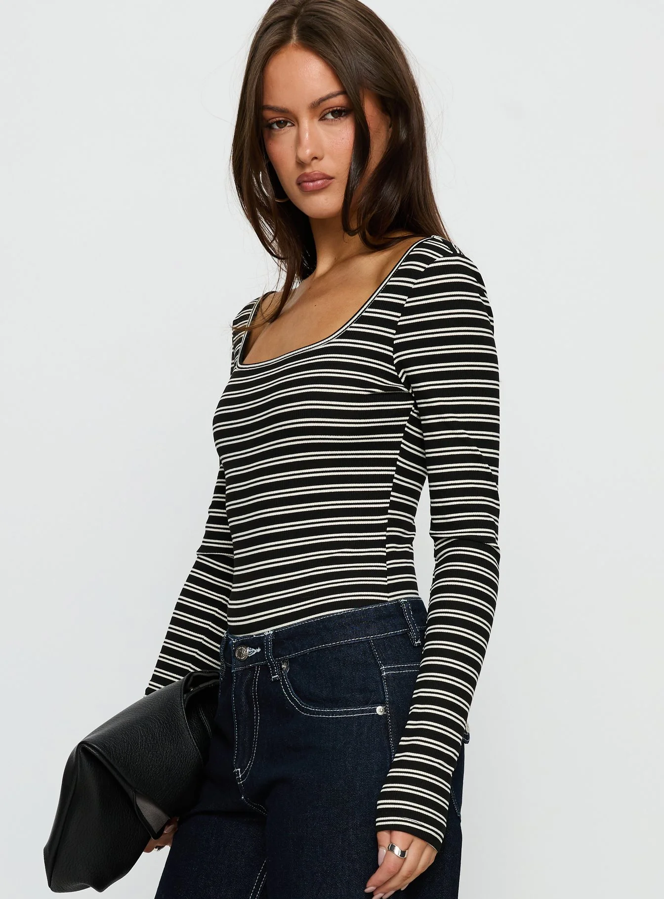Donica Square Neck Long Sleeve Bodysuit Grey Stripe