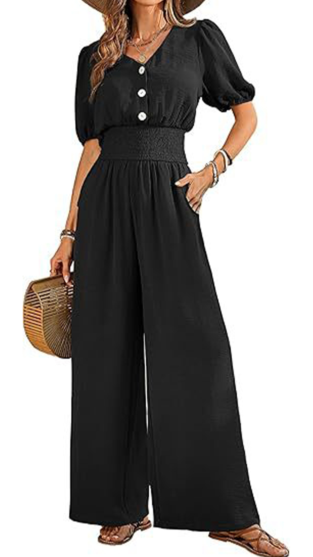 Women's V-Neck Jumpsuit with Puff Sleeves, Cinched Waist, and Wide Legs - Nordfashionstorm - Women's Clothing, Fashion for You - Nordfashionstorm.com