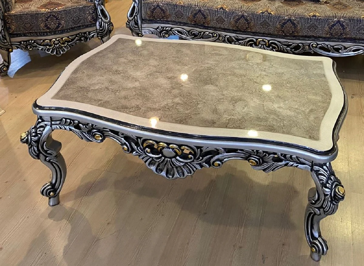 Luxury Baroque Coffee Table Silver / Black / Gold - Rectangular solid wood living room table in Baroque style - Baroque furniture - Luxury furniture in Baroque style - Baroque furnishings