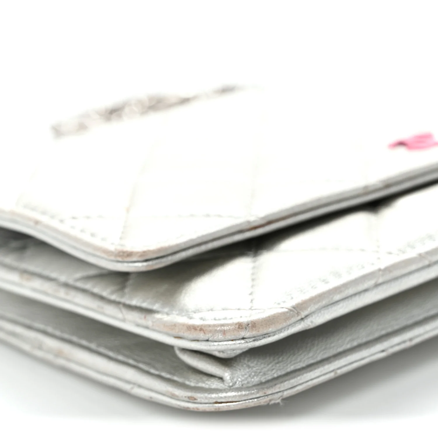 Metallic Lambskin Quilted Wallet On Chain WOC Silver - Top Club