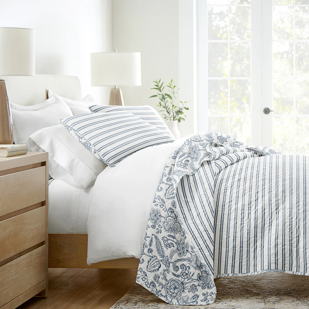 Jacobean/Stripe Reversible Quilted Coverlet Set - Sale