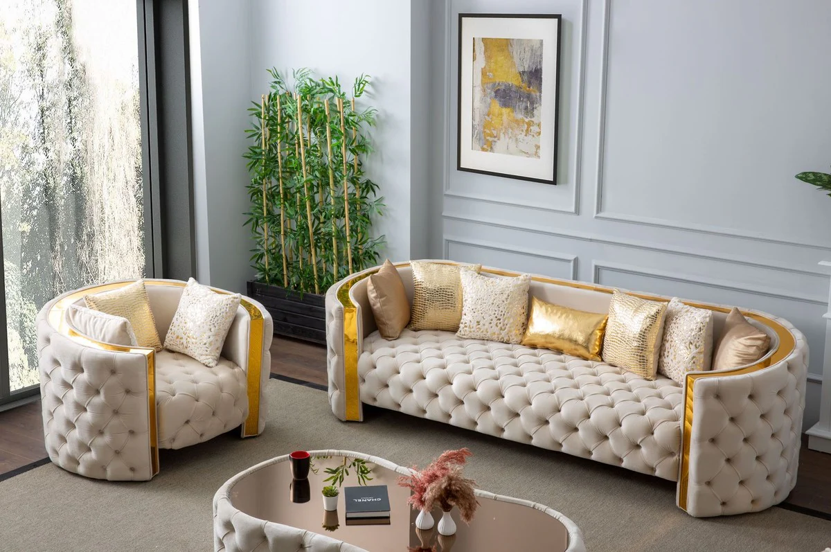 Luxury Chesterfield coffee table cream 140 x 80 x H. 45 cm - Living room table with glass top - Living room furniture - Chesterfield furniture - Luxury furniture - Luxury furnishings