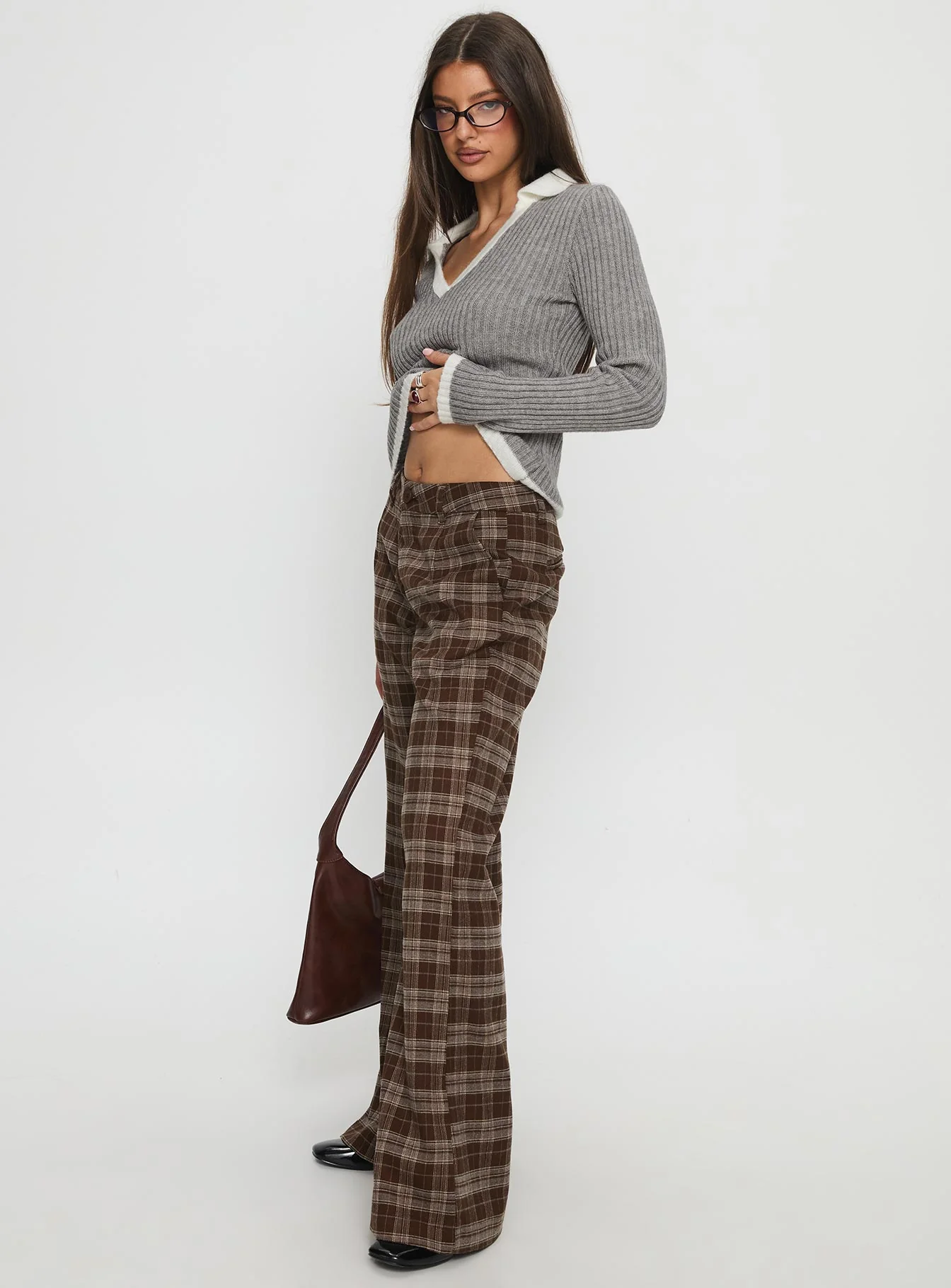 Emiroki Straight Leg Pants Brown Check
