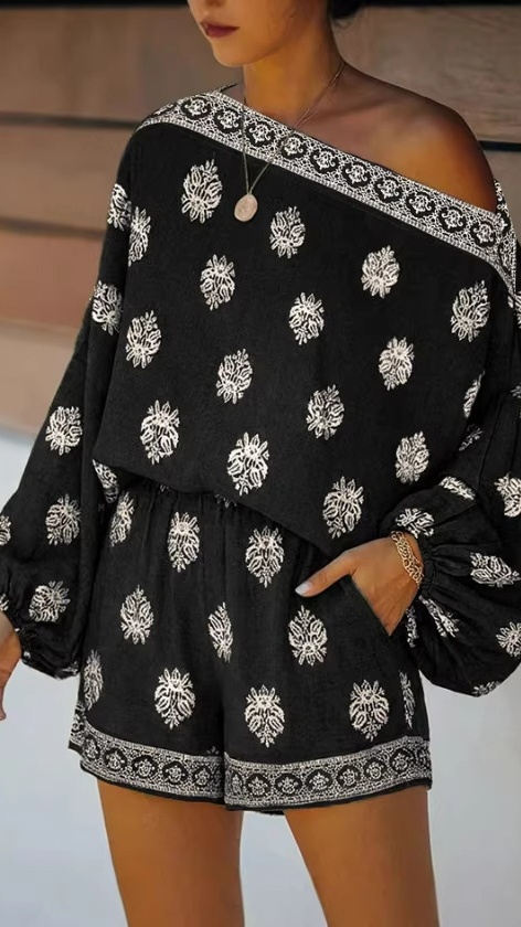 Women's Off-Shoulder Bardot Neckline Printed Jumpsuit with Lantern Sleeves - Nordfashionstorm - Women's Clothing, Fashion for You - Nordfashionstorm.com