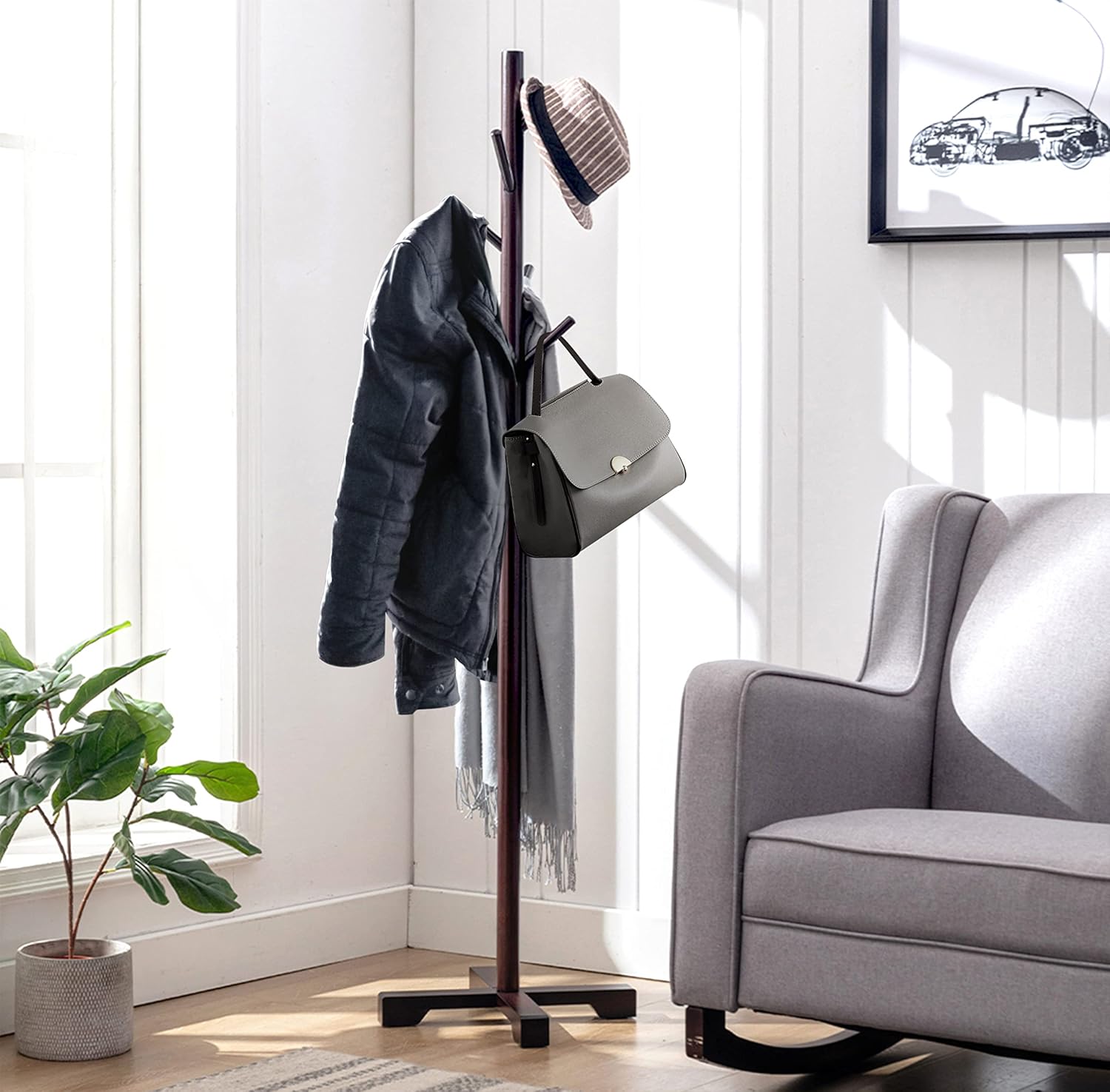 Wooden Coat Rack Stand With 8 Hooks Hall Tree Bamboo Coat Hanger Freestanding Entryway,Hallway, Bedroom, Office for Clothes, Jacket, Scarves (Brown)