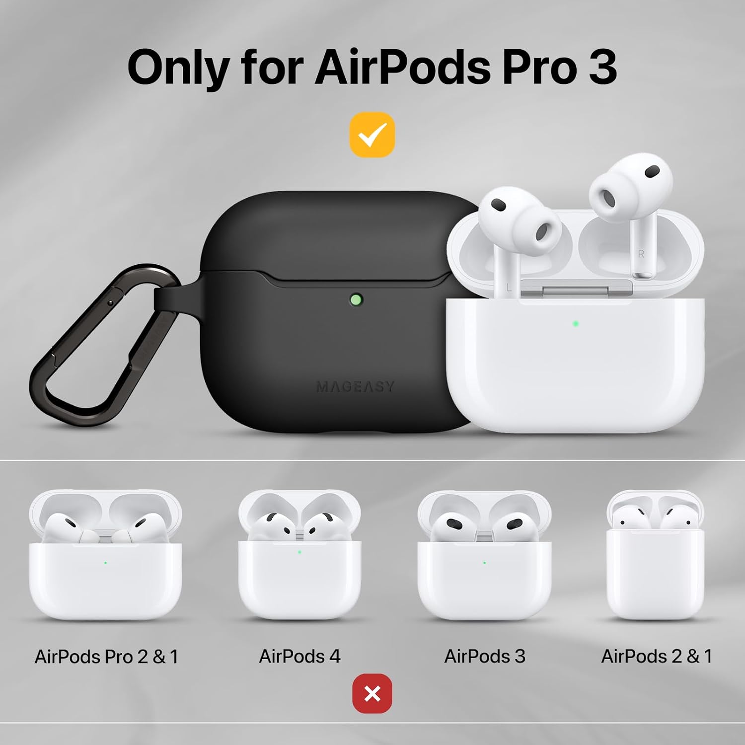 MAGEASY Skin AirPods Pro 3 Case Cover with Carabiner Clip, Shockproof TPU Protection, Support MagSafe Wireless Charging for Apple AirPods 3 Pro Case Stain-Resistant (Midnight Blue)