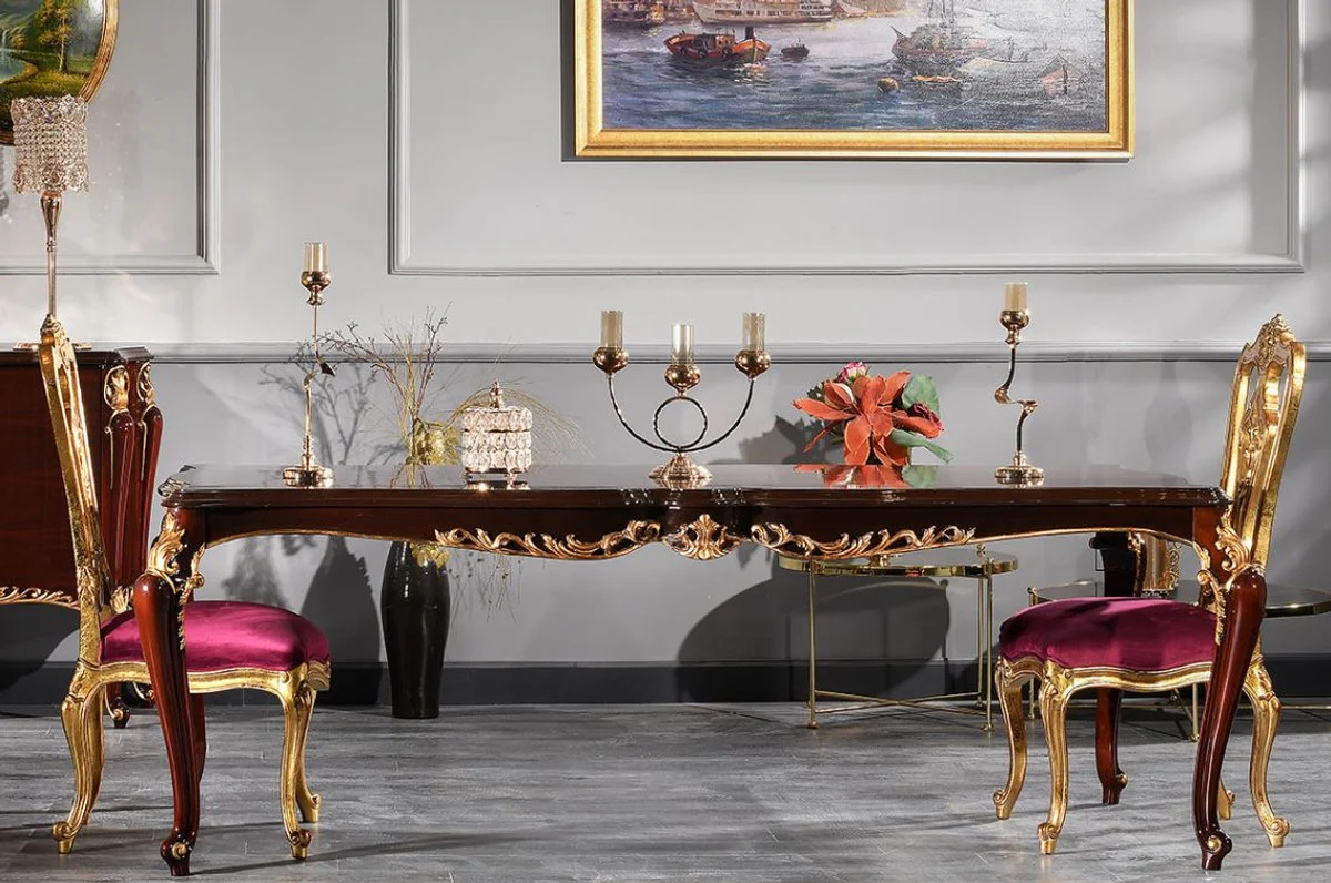 Luxury Baroque dining table dark brown / gold 238 x 118 x H. 81 cm - Magnificent kitchen table - Solid wood dining room table - Baroque dining room furniture