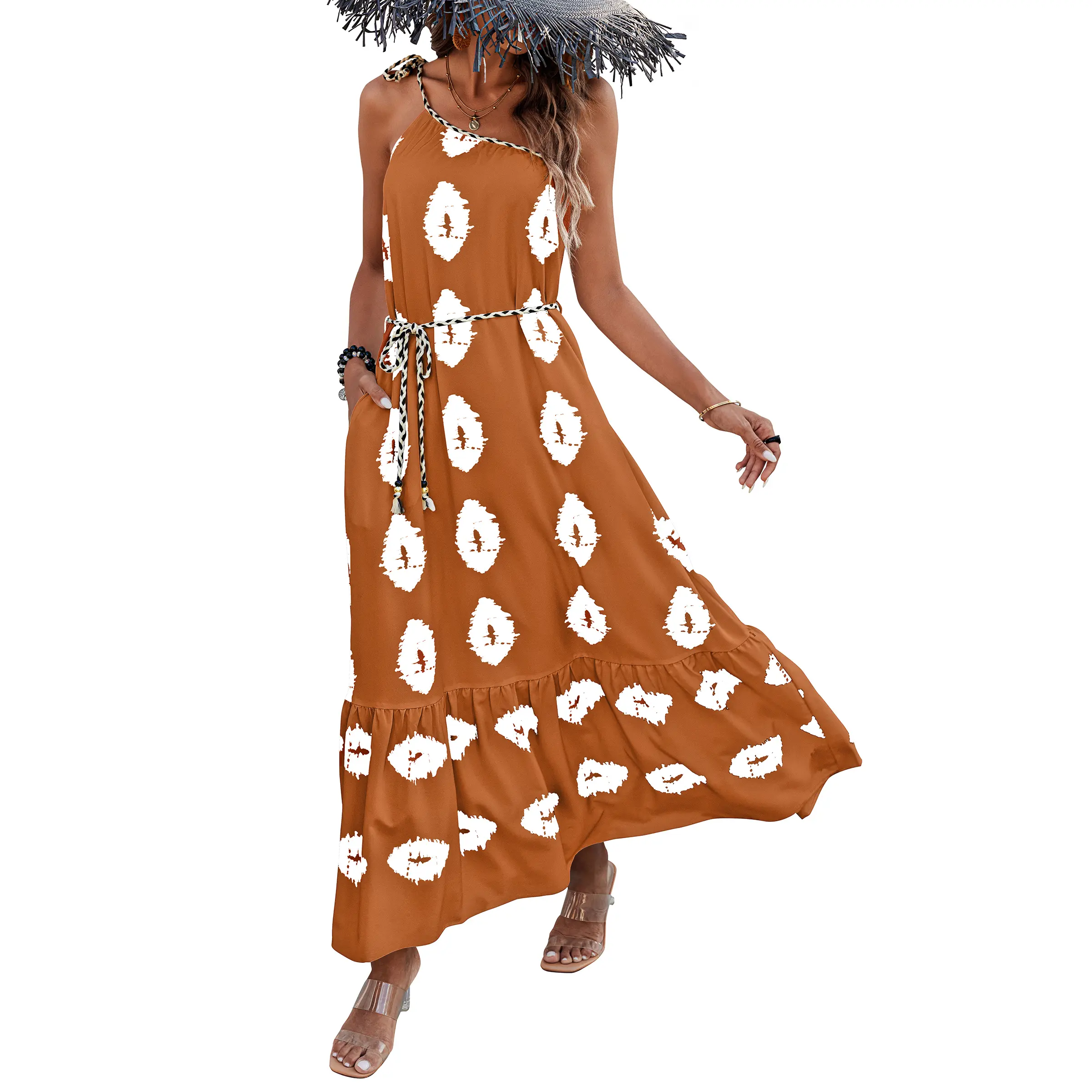 PrettyGarden Women's One Shoulder Spaghetti Strap Printed A Line Flowy Boho Maxi Long Sundress
