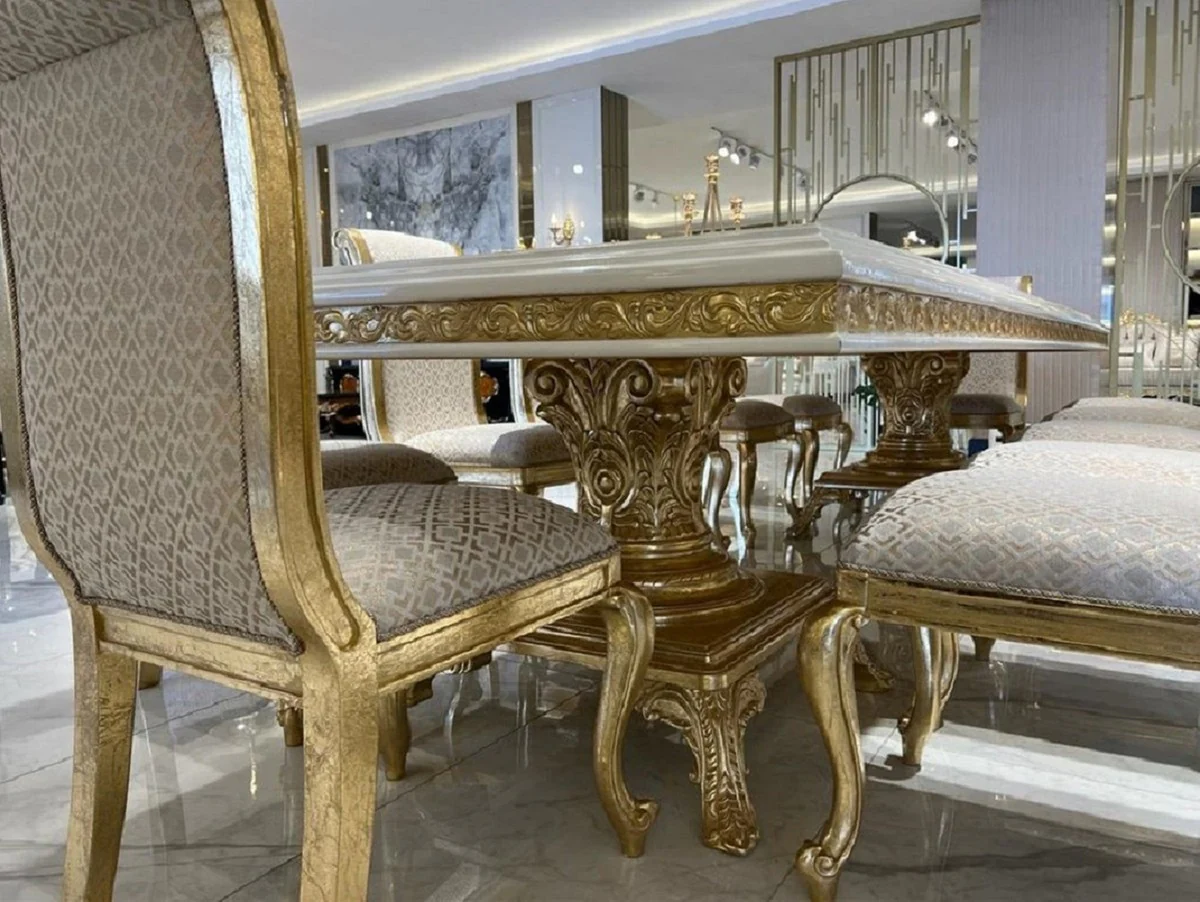 Luxury Baroque Dining Room Set Cream / White / Gold - 1 Baroque Dining Table & 10 Baroque Dining Chairs - Baroque Dining Room Furniture - Luxury Furniture in Baroque Style - Noble & Magnificent