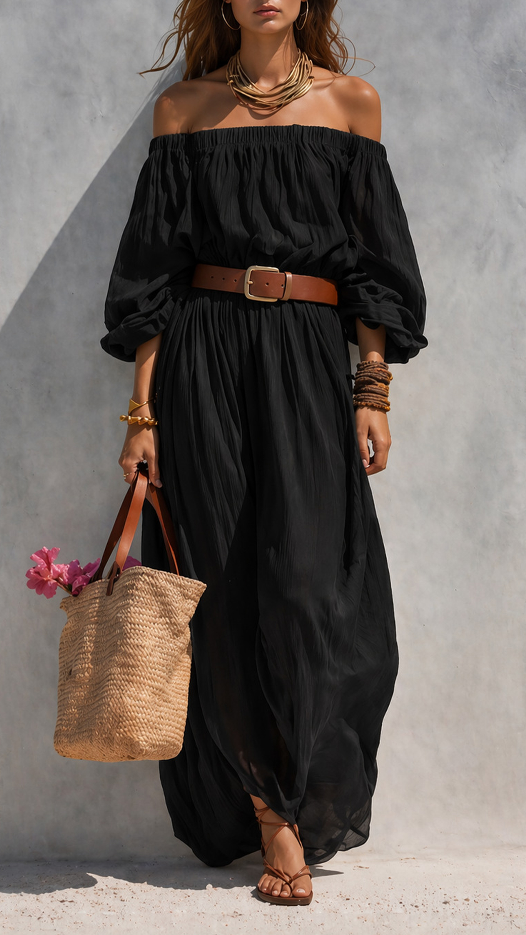 Women's Cotton‑blend Off‑the‑Shoulder Puff‑Sleeve Belted Wide‑Leg Jumpsuit - Nordfashionstorm - Women's Clothing, Fashion for You - Nordfashionstorm.com