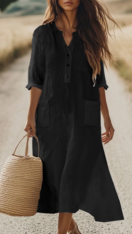 Women's Bohemian Vacation-Style Cotton-Linen Dress with Pockets - Nordfashionstorm - Women's Clothing, Fashion for You - Nordfashionstorm.com