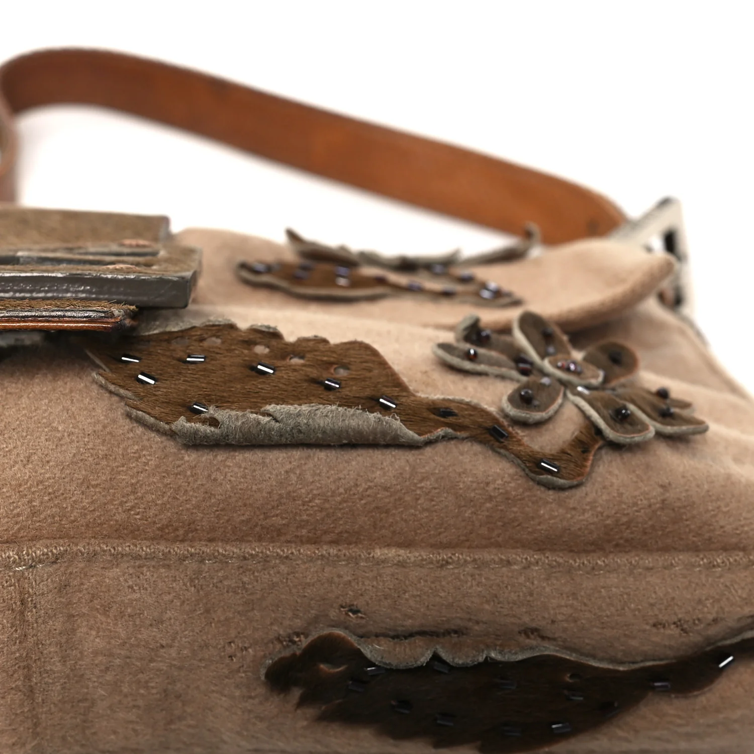 Wool Pony Hair Flower Applique Baguette Brown - Top Club