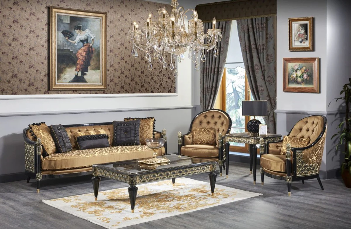 Luxury Baroque Living Room Set Gold / Black - 1 Sofa & 2 Armchairs & 1 Coffee Table & 1 Side Table - Magnificent Baroque Furniture - Luxury Quality
