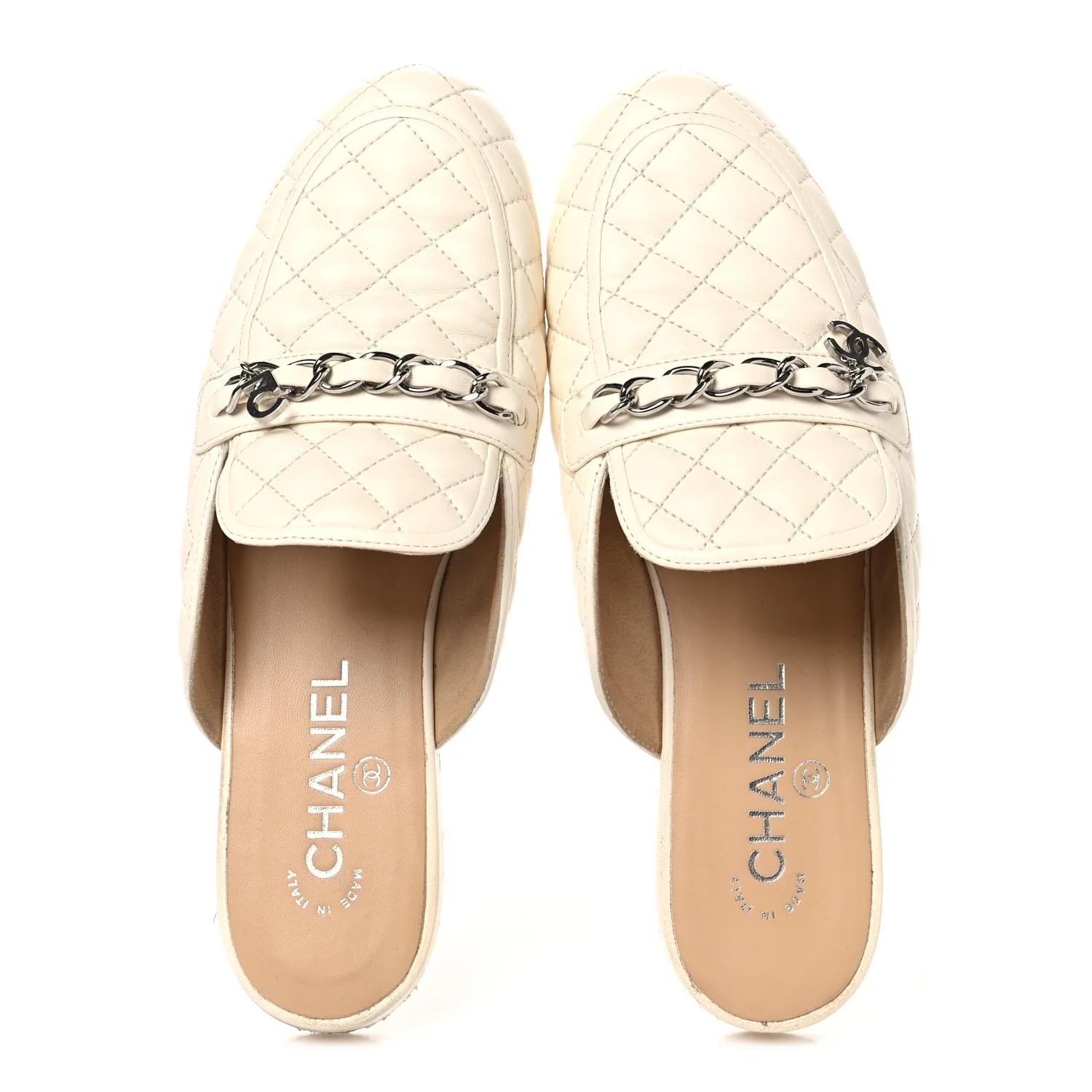 Lambskin Quilted Chain CC Mules 38 White