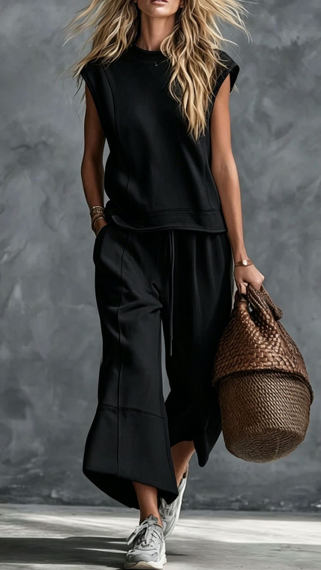 Women's Navy Sleeveless Wide-Leg Cotton-blend Two-piece Outfit - Nordfashionstorm - Women's Clothing, Fashion for You - Nordfashionstorm.com