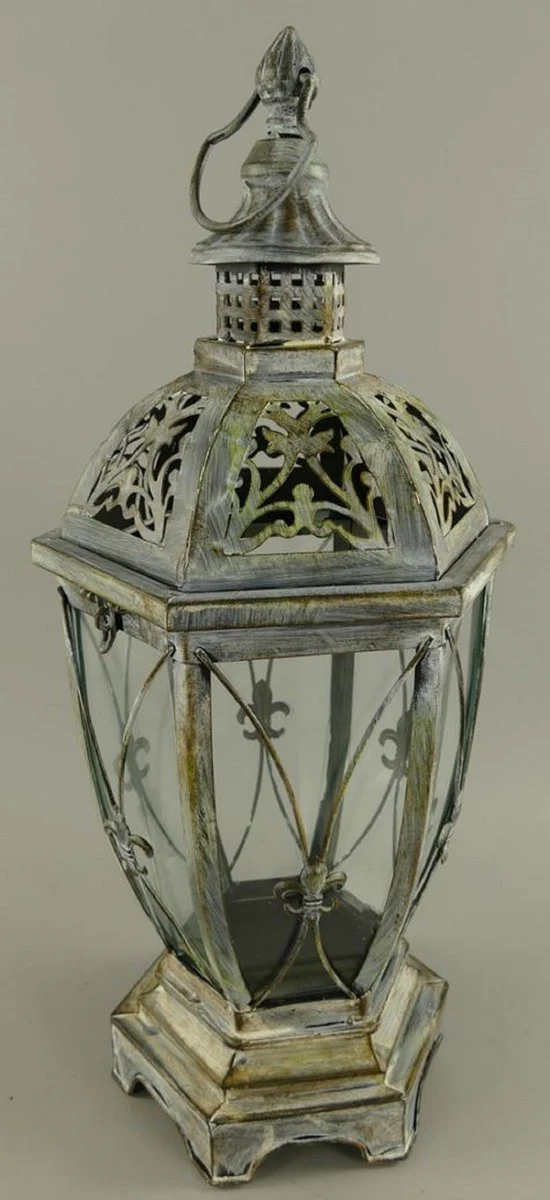 Art Nouveau lantern antique silver 25 x 25 x H. 58 cm - metal table lantern with carrying handle - Baroque & Art Nouveau decorative accessories