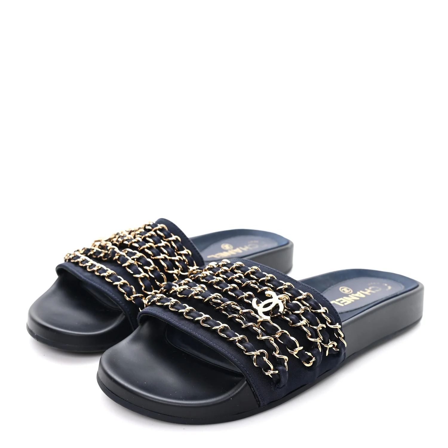 Satin Canvas Chain Slides Sandals Flats 38 Marine - Top Club
