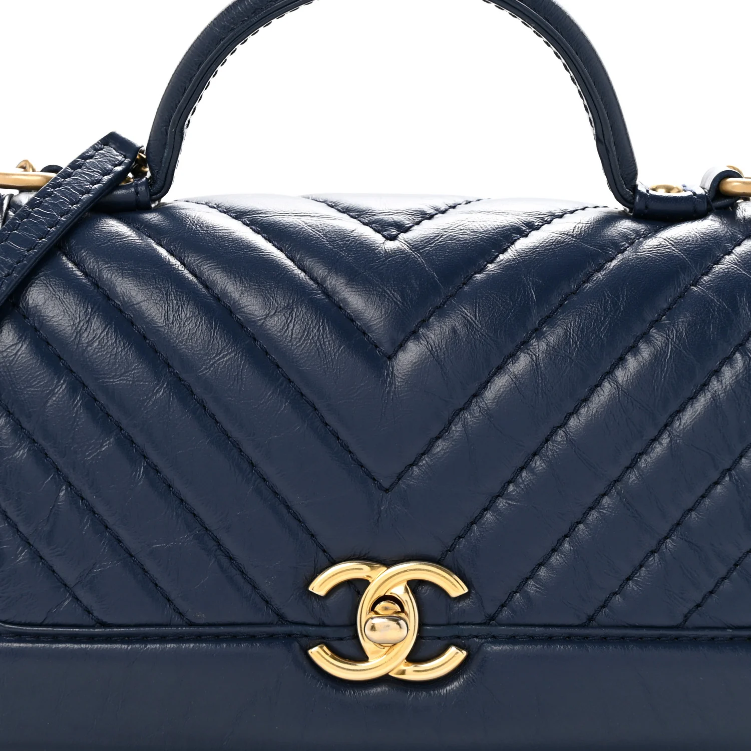 Calfskin Chevron Quilted Top Handle Flap Navy - Top Club