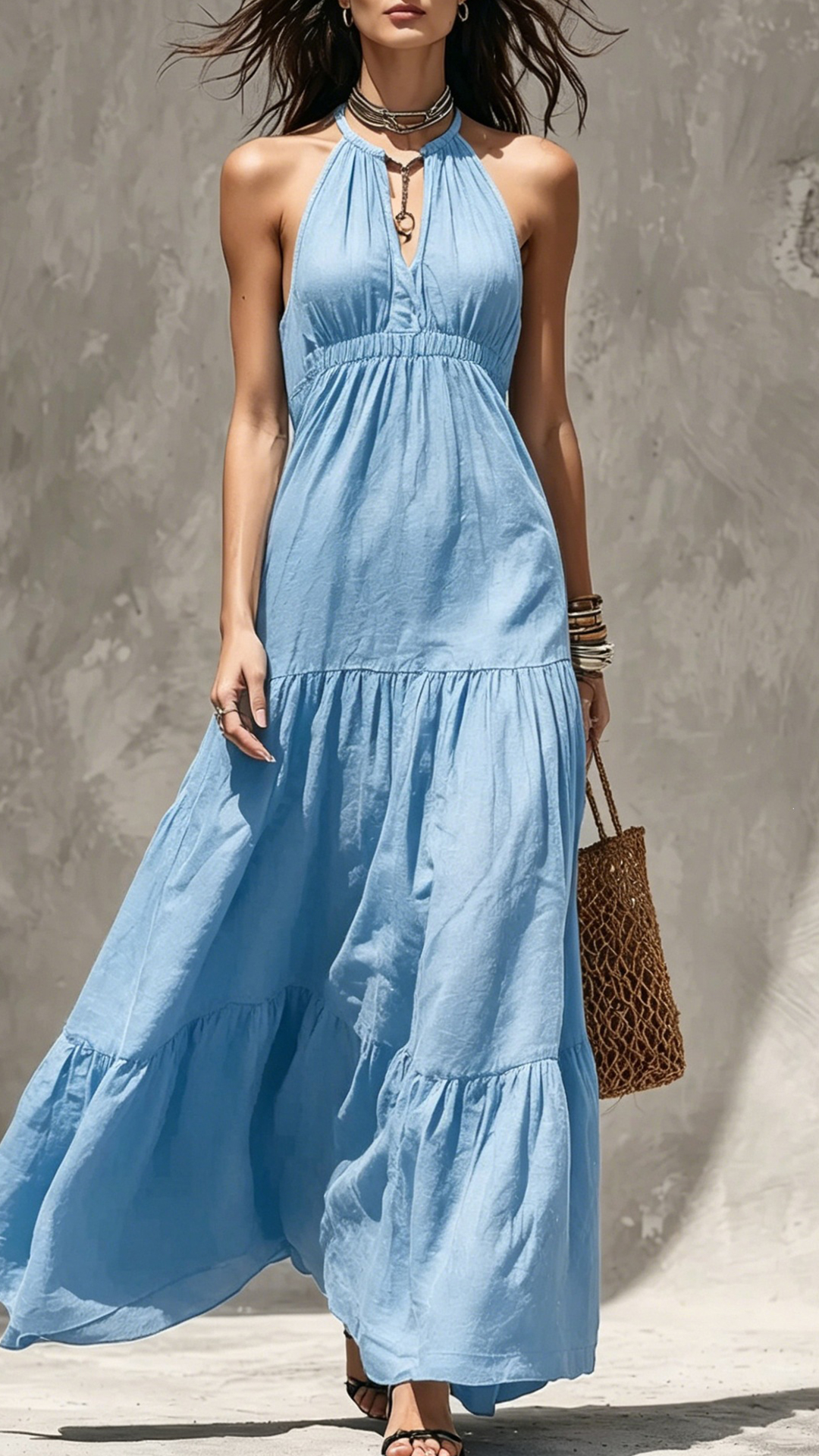 Women's Khaki Halter Waisted Tiered Maxi Dress - Nordfashionstorm - Women's Clothing, Fashion for You - Nordfashionstorm.com