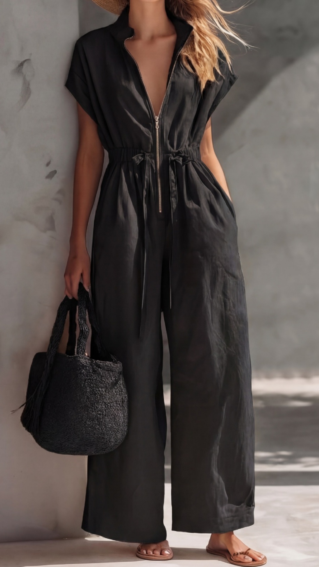 Women's V-Neck Stand-Collar Zip-Front Drawstring Jumpsuit - Nordfashionstorm - Women's Clothing, Fashion for You - Nordfashionstorm.com
