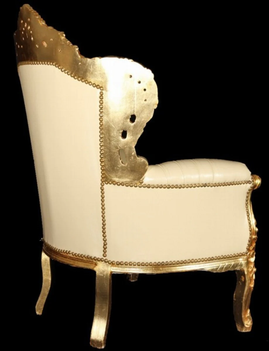 Barock Armchair King Creme/Gold Lederoptik Bling Bling