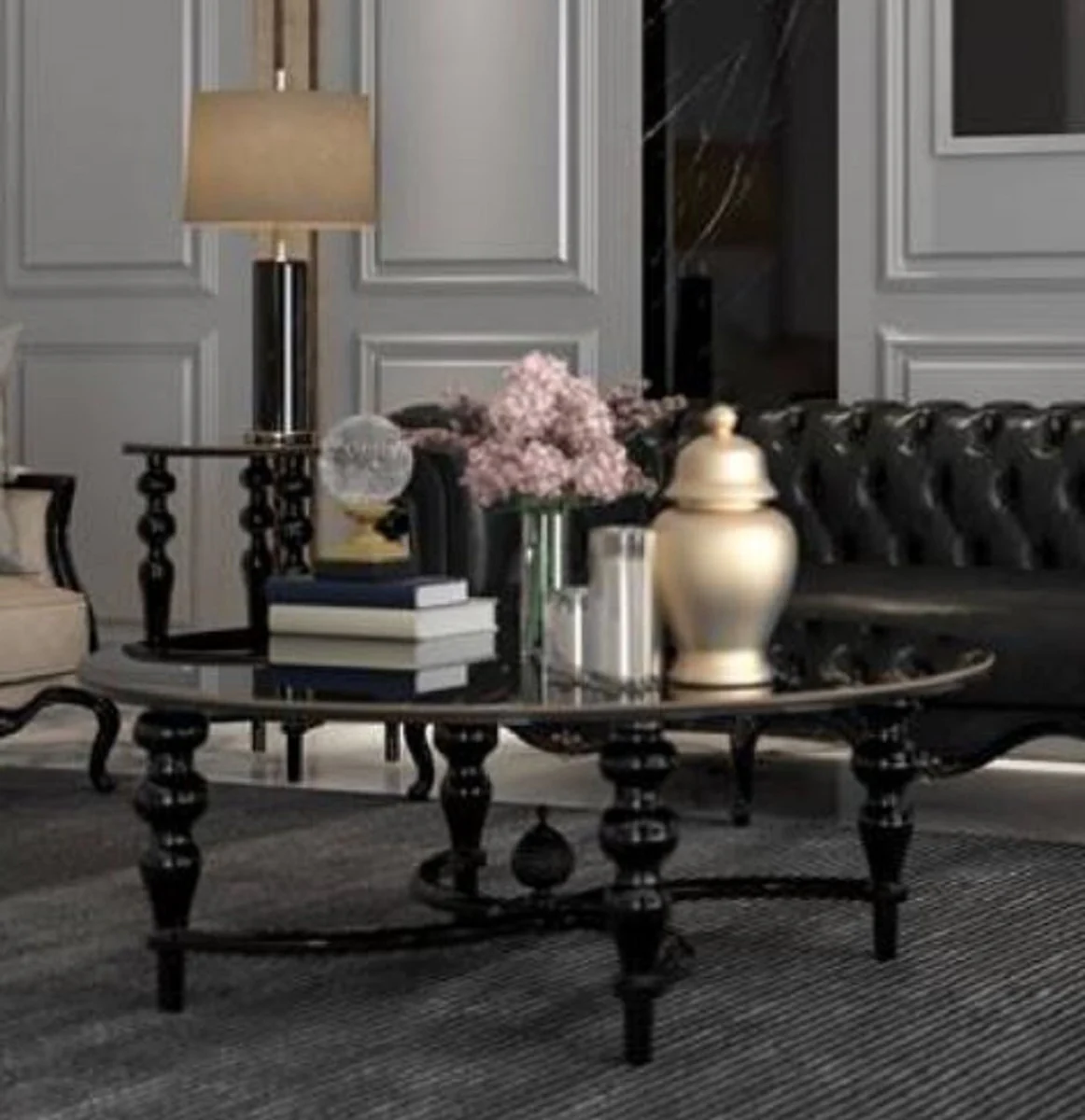Luxury baroque coffee table black Ø 114 x H. 47 cm - round solid wood living room table - elegant baroque living room furniture