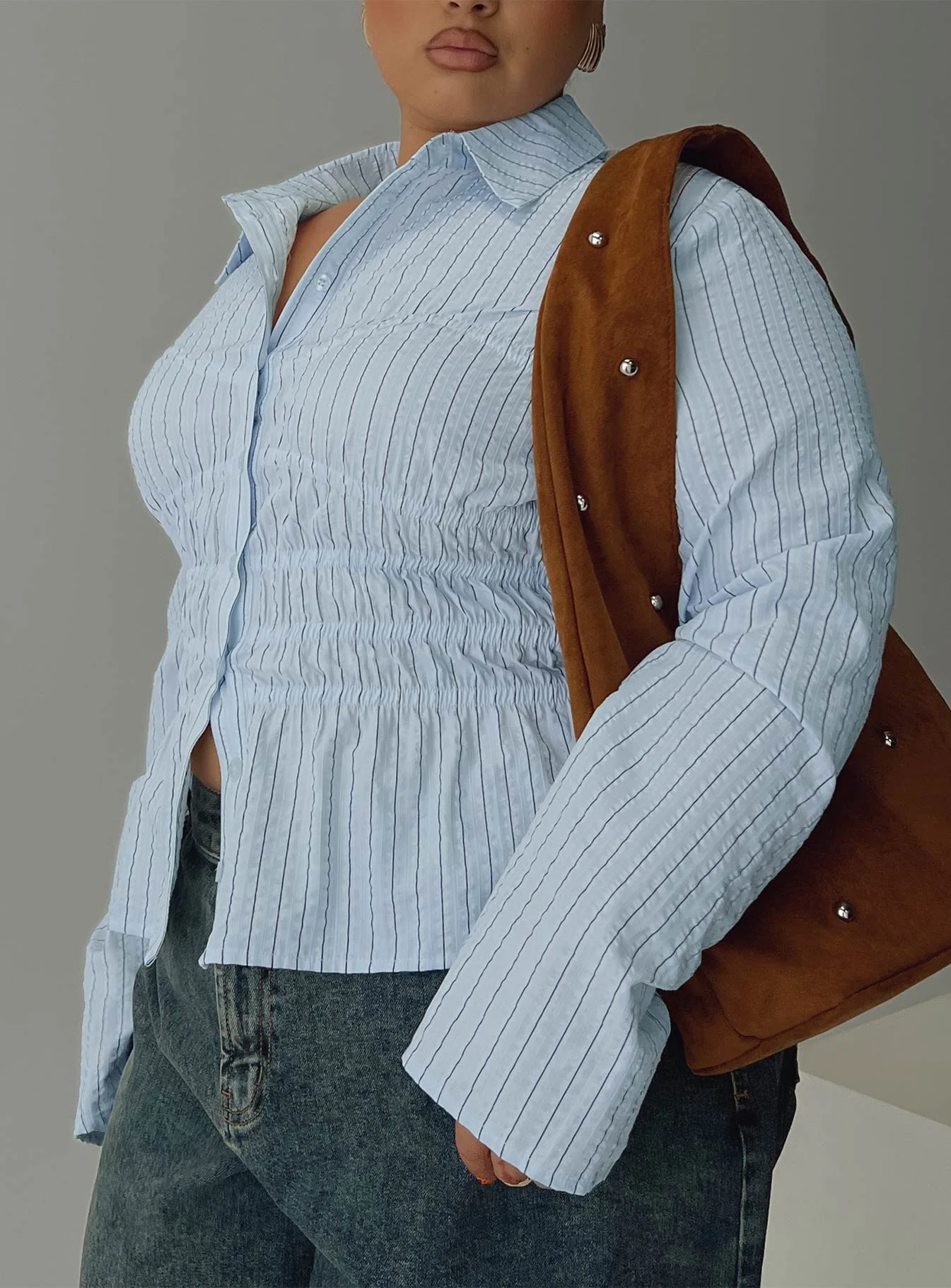 Liesel Shirred Long Sleeve Top Stripe Curve