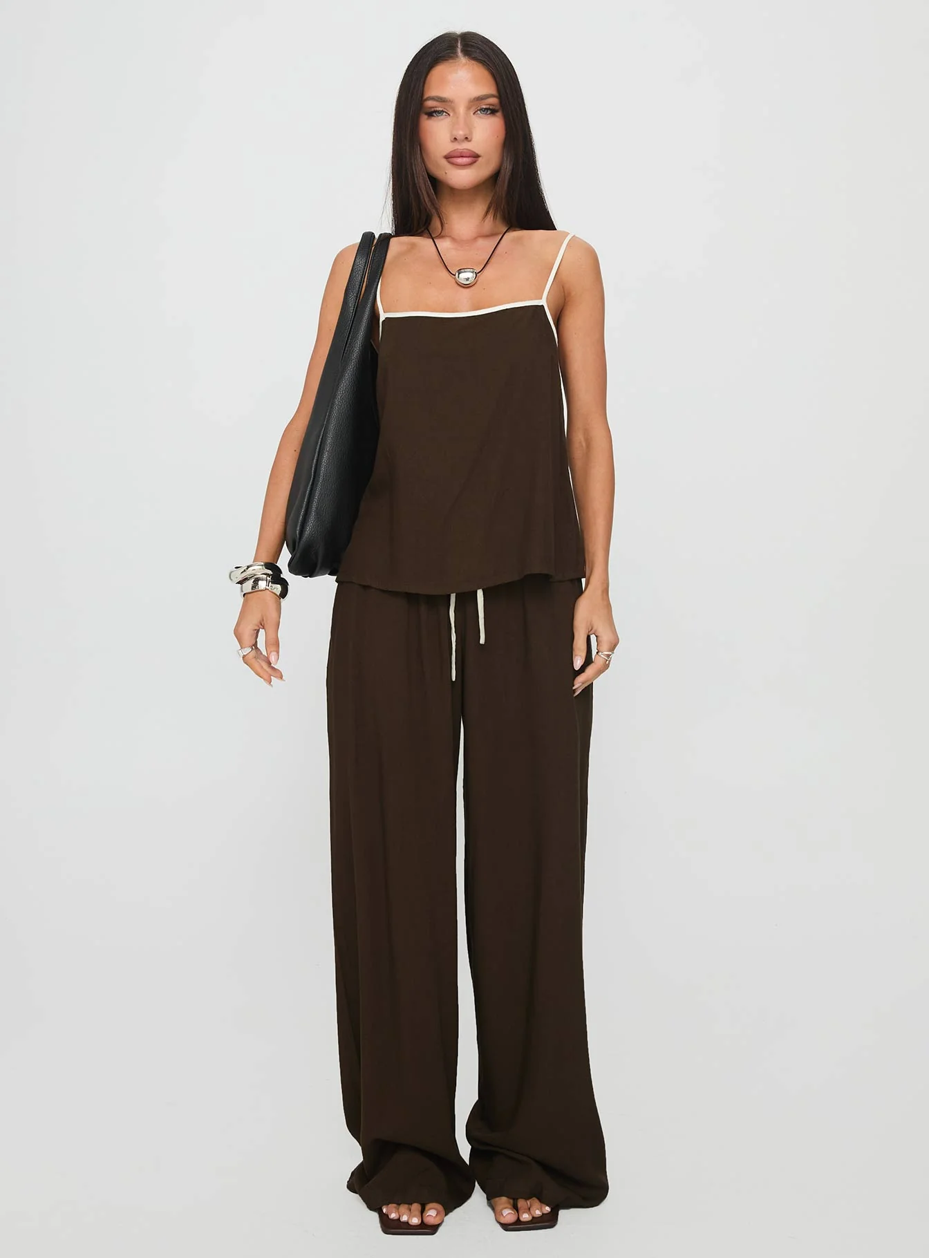 Nolei Contrast Pants Set Chocolate / White