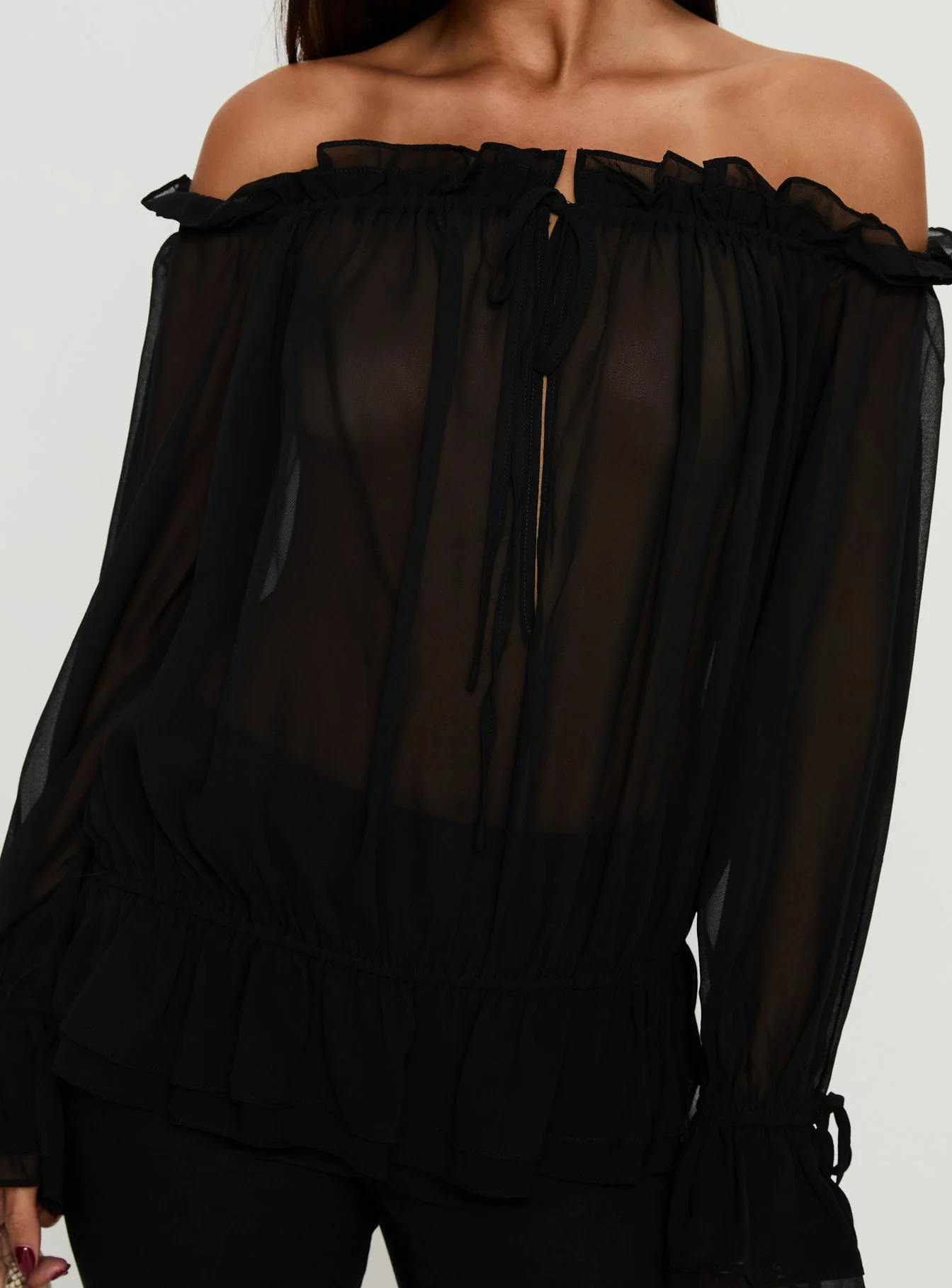 Madelina Frill Long Sleeve Top Black