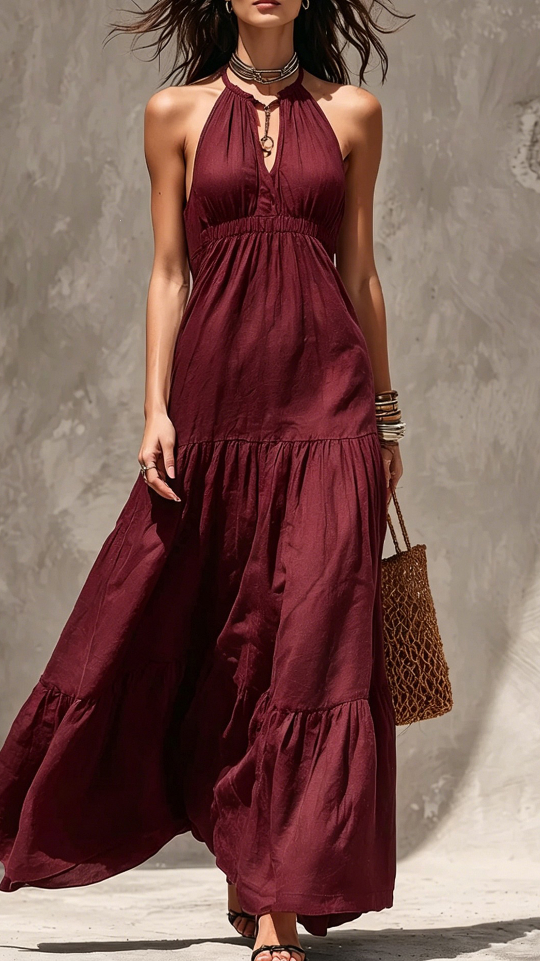 Women's Khaki Halter Waisted Tiered Maxi Dress - Nordfashionstorm - Women's Clothing, Fashion for You - Nordfashionstorm.com