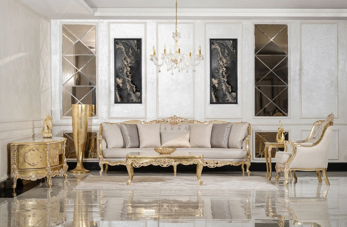 Luxury Baroque Coffee Table Gold / Cream / White - Handcrafted Solid Wood Living Room Table in Baroque Style - Luxury Living Room Furniture in Baroque Style - Baroque Furniture - Noble & Magnificent