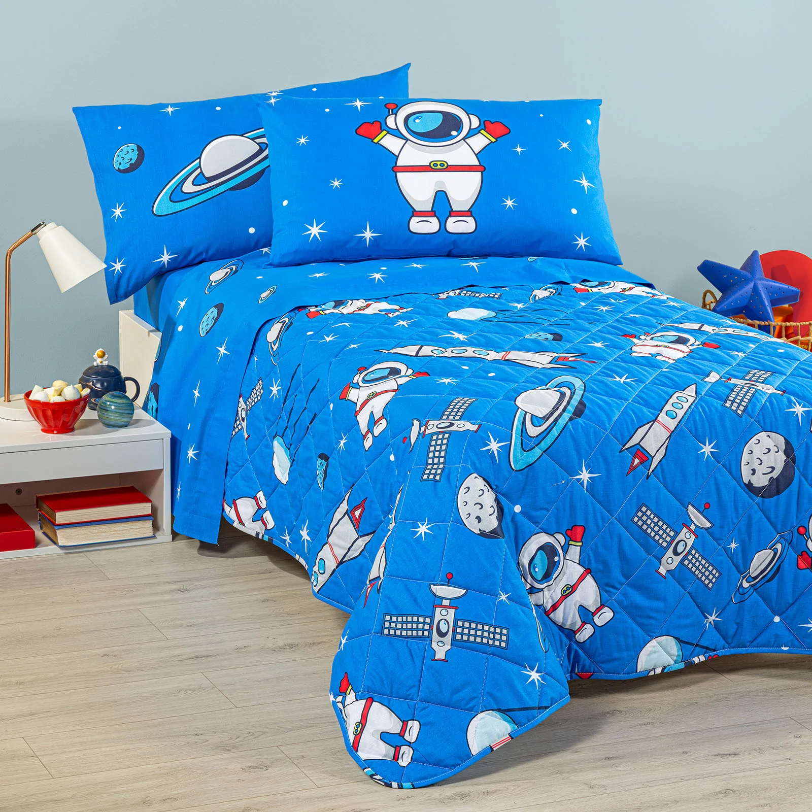 Copriletto Trapuntato In Cotone Spazio Piazza E Mezza Blu Caleffi Kids