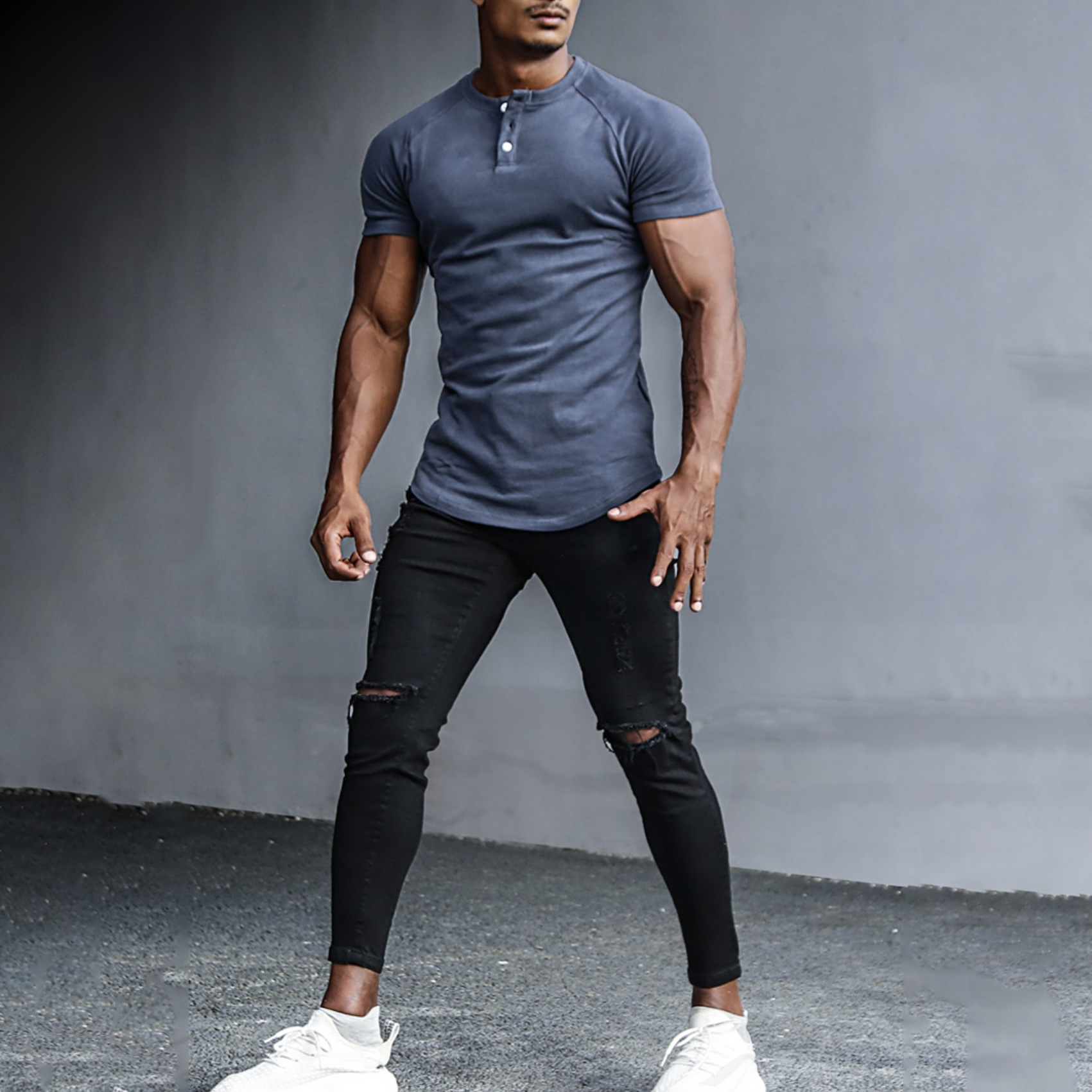 Men's Outdoor Casual Solid Color Henley Collar Bottoming Shirt Sports Fitness Running Slim Short-sleeved T-shirt