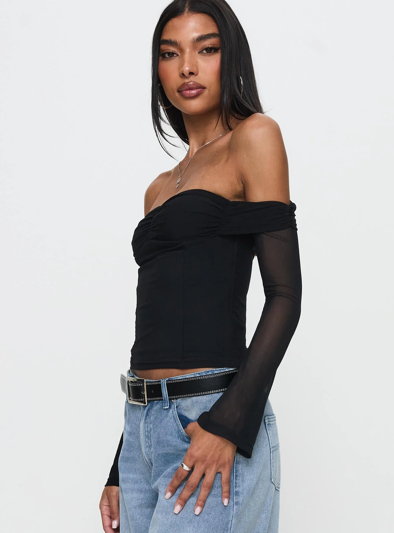 Saelan Off Shoulder Long Sleeve Top Black