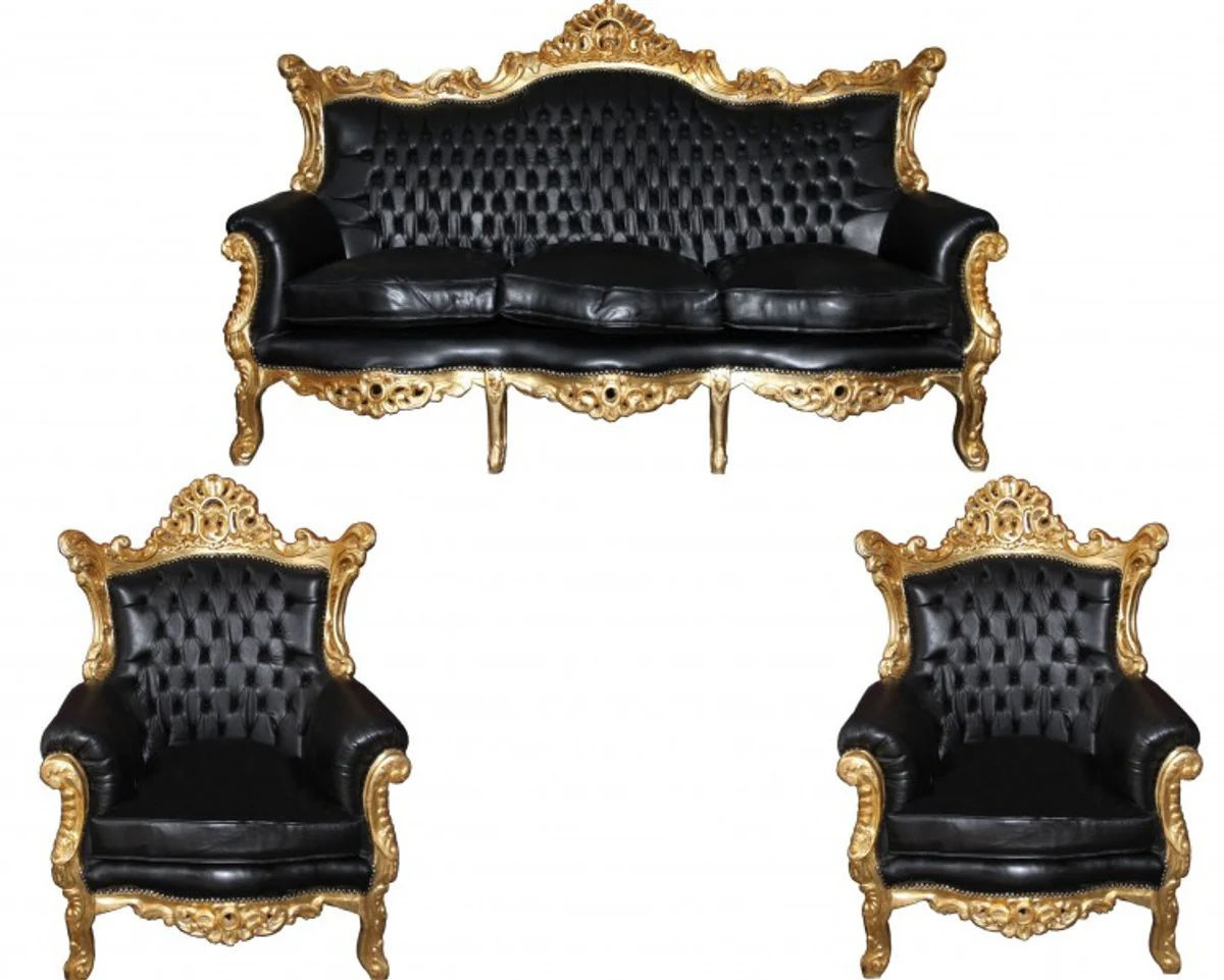 Baroque living room set Master black / gold leather look Mod2 - 3-seater sofa + 2 armchairs