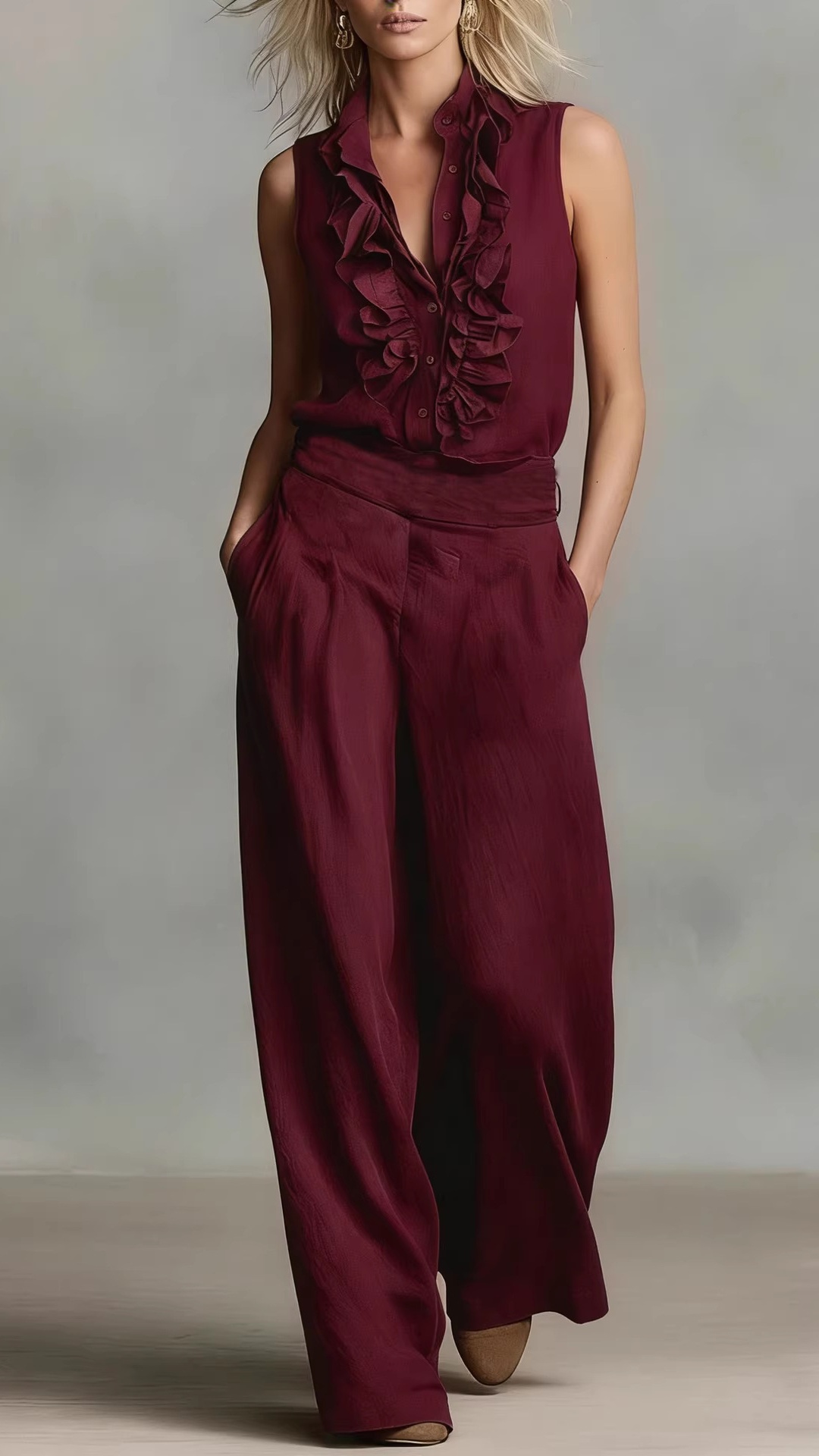 Women's Simple Linen-Blend Sleeveless Shirt and Wide-Leg Pants Set - Nordfashionstorm - Women's Clothing, Fashion for You - Nordfashionstorm.com
