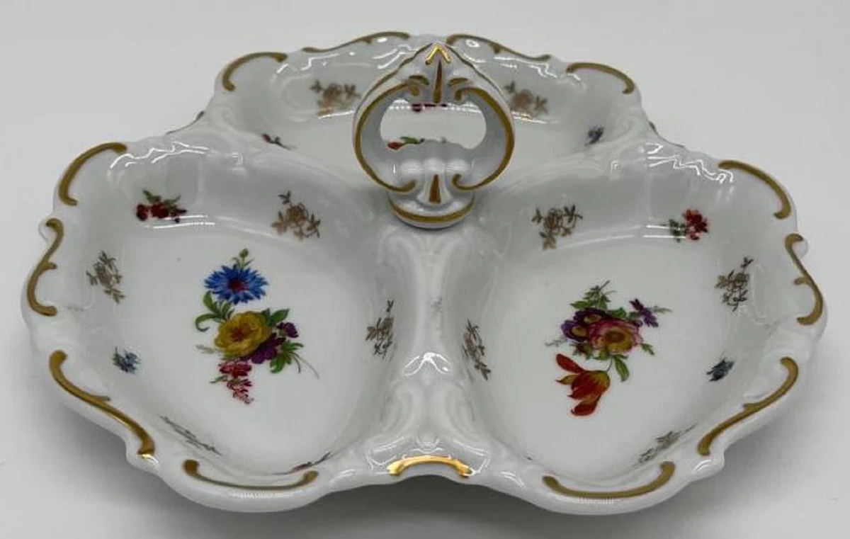Luxury Baroque Porcelain Serving Bowl with Carrying Handle White / Multicolored / Gold Ø 25 cm - Nut & Pastry Bowl - Luxury Baroque Accessories - Reichenbach Porcelain - Made in Germany