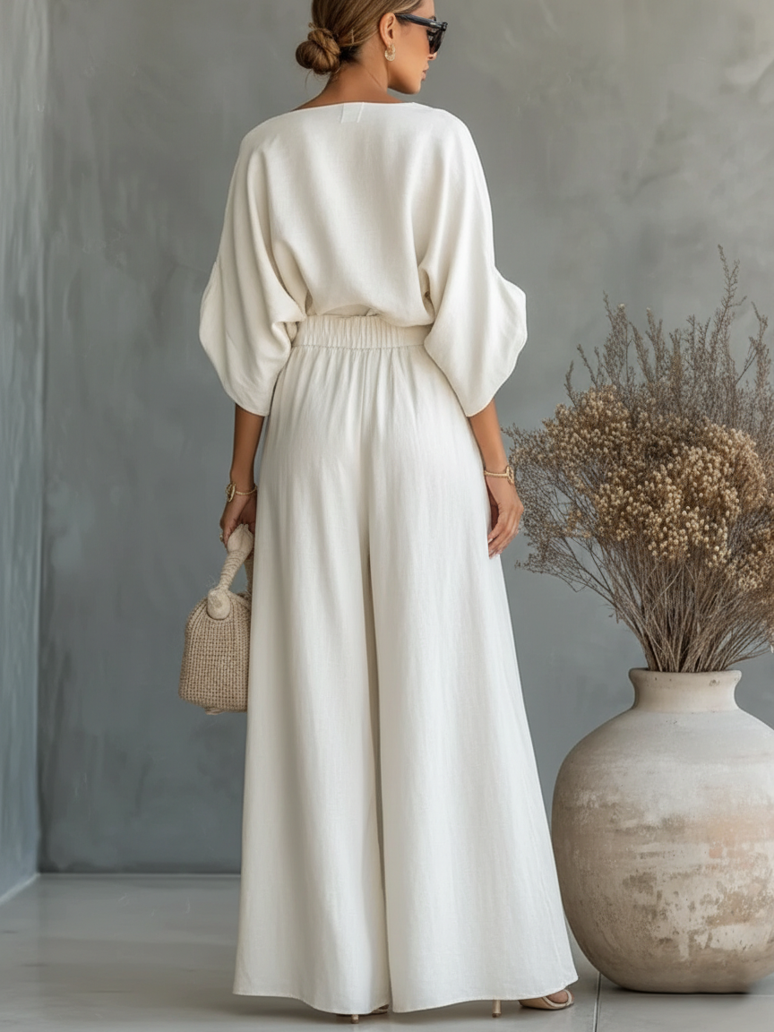 Women's Elegant Off-Shoulder Shirt and Wide-Leg Pants Two-Piece Set - Nordfashionstorm - Women's Clothing, Fashion for You - Nordfashionstorm.com