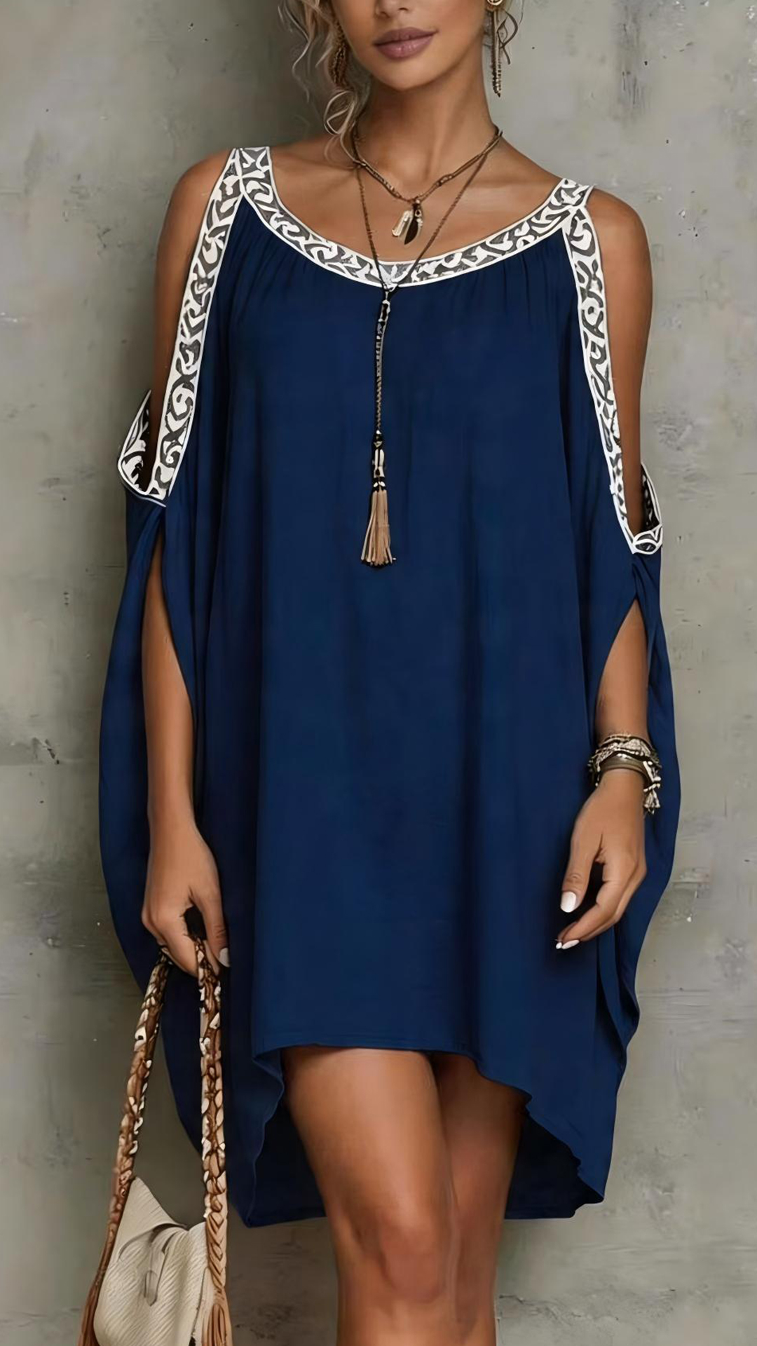 Women's Cotton-Blend Light Blue Off-Shoulder Embroidered print Loose Dress - Nordfashionstorm - Women's Clothing, Fashion for You - Nordfashionstorm.com