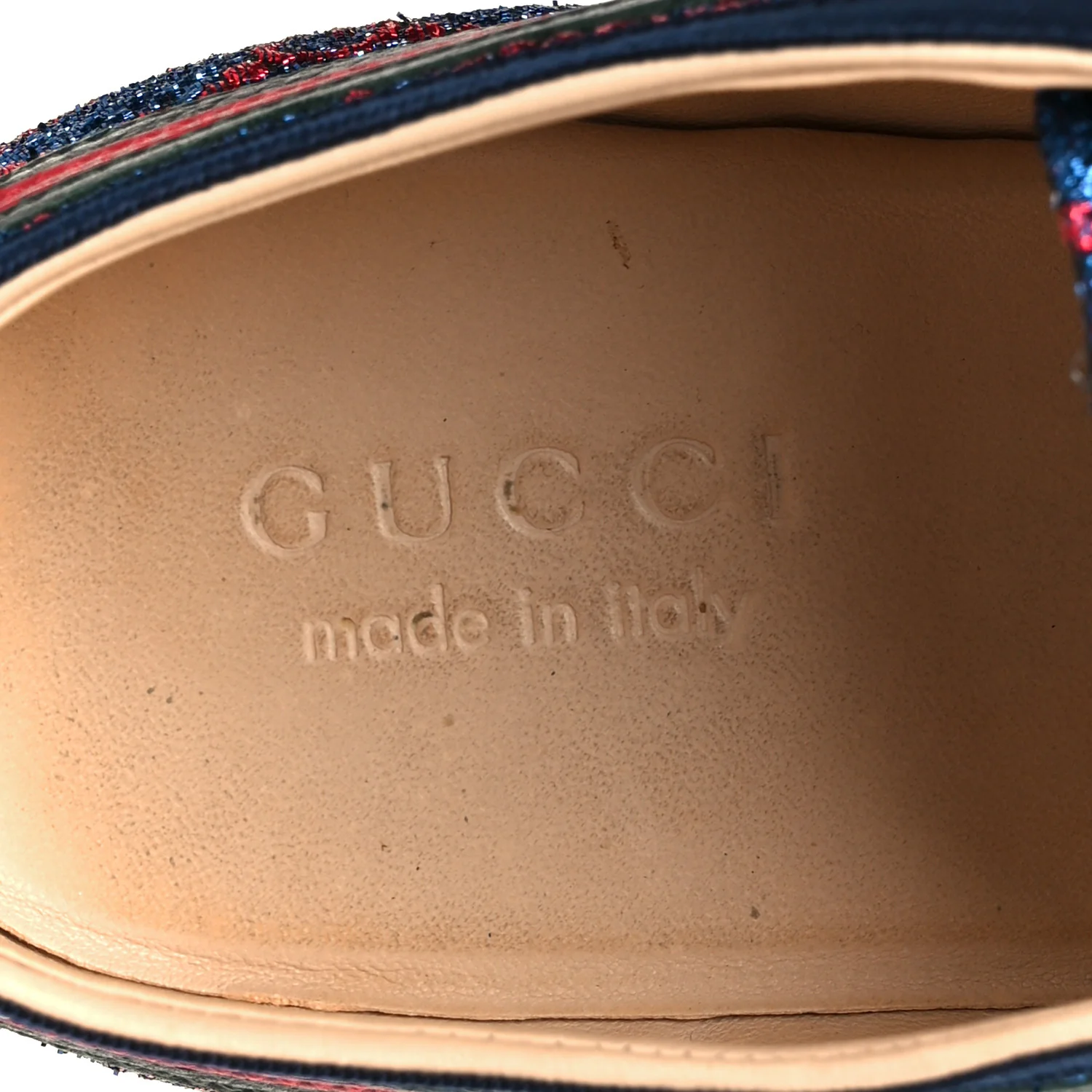 Lurex Calfskin Web GG Monogram Mens Falacer Sneakers 8.5 Iridescent Blue Iridescent Red Silver - Top Club