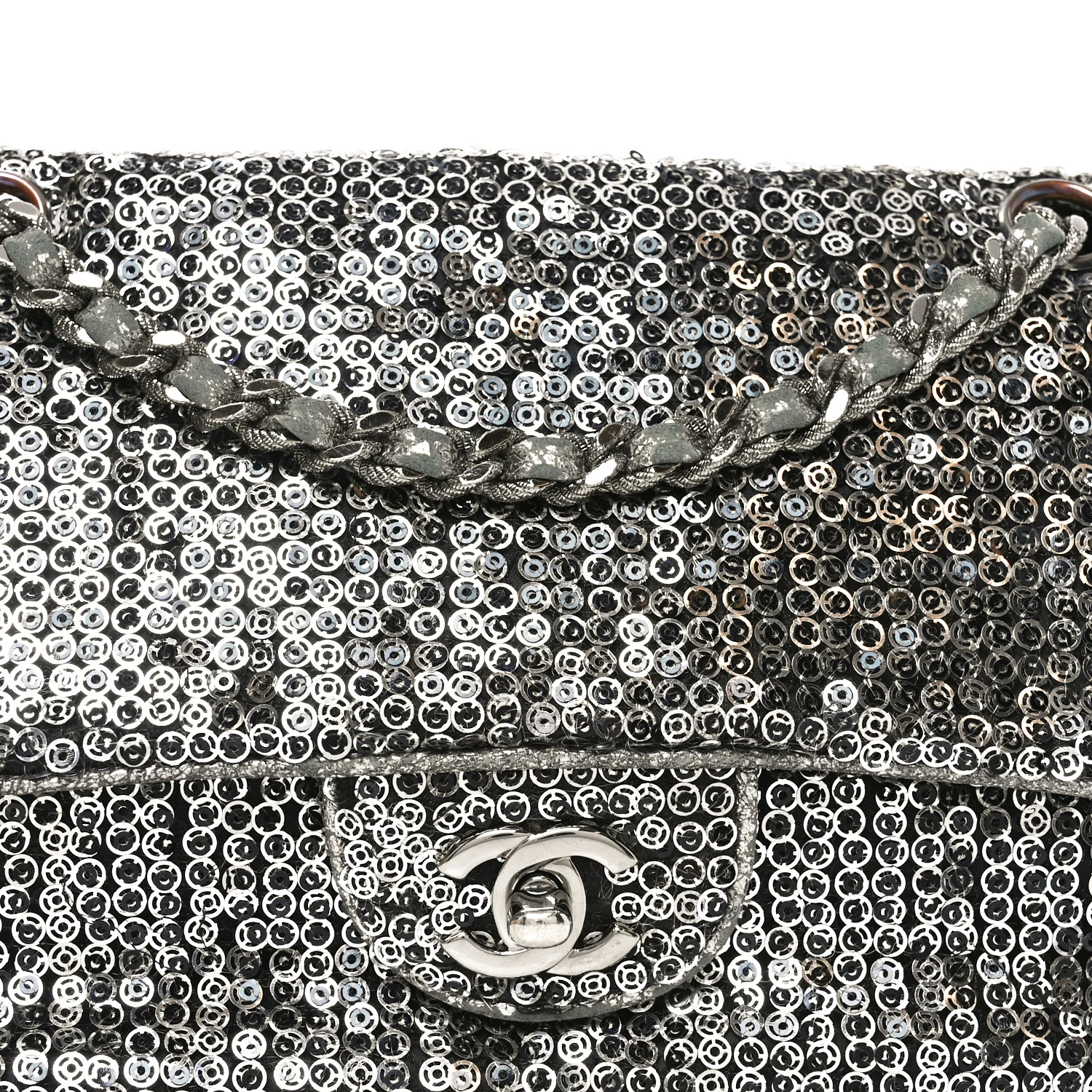 Sequin Medium Single Flap Dark Silver - Top Club
