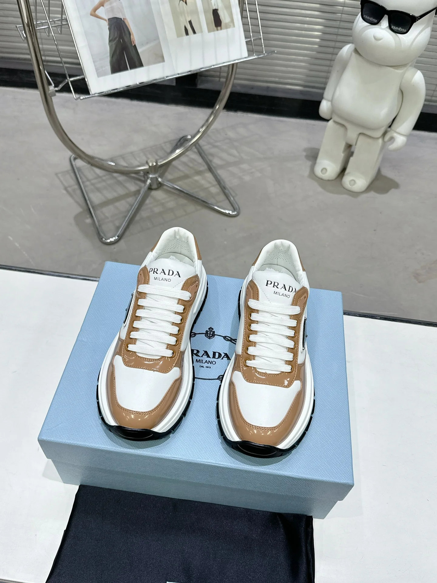 Unisex Prada White And Brown Chunky Platform Sneakers With Triangle Logo - Sneaker Replica Workshop