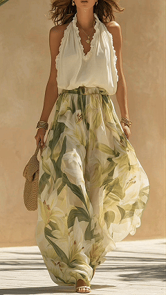 Women's Cotton-Blend Halter Ruffled Floral Wide-Leg Pants Set - Nordfashionstorm - Women's Clothing, Fashion for You - Nordfashionstorm.com