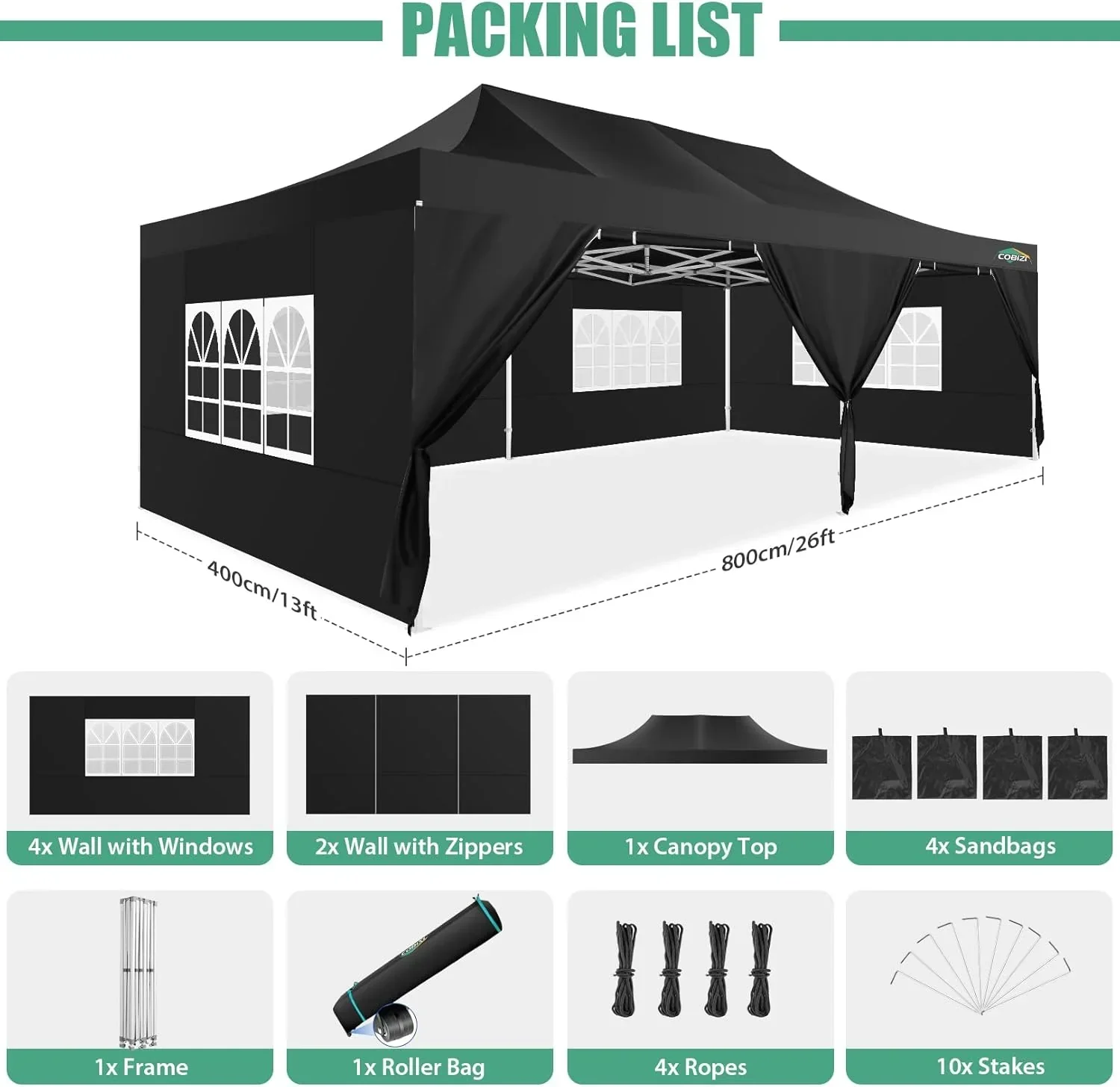 COBIZI 10x20 Heavy Duty Pop up Canopy Tent 6 sidewalls Commercial Canopy Wedding Party Tents
