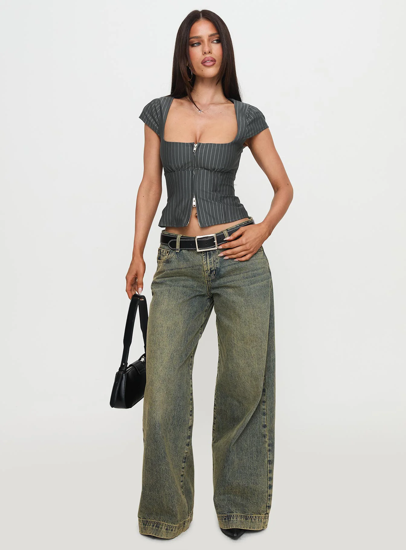 Santa Cruz Zip Through Top Grey Pinstripe