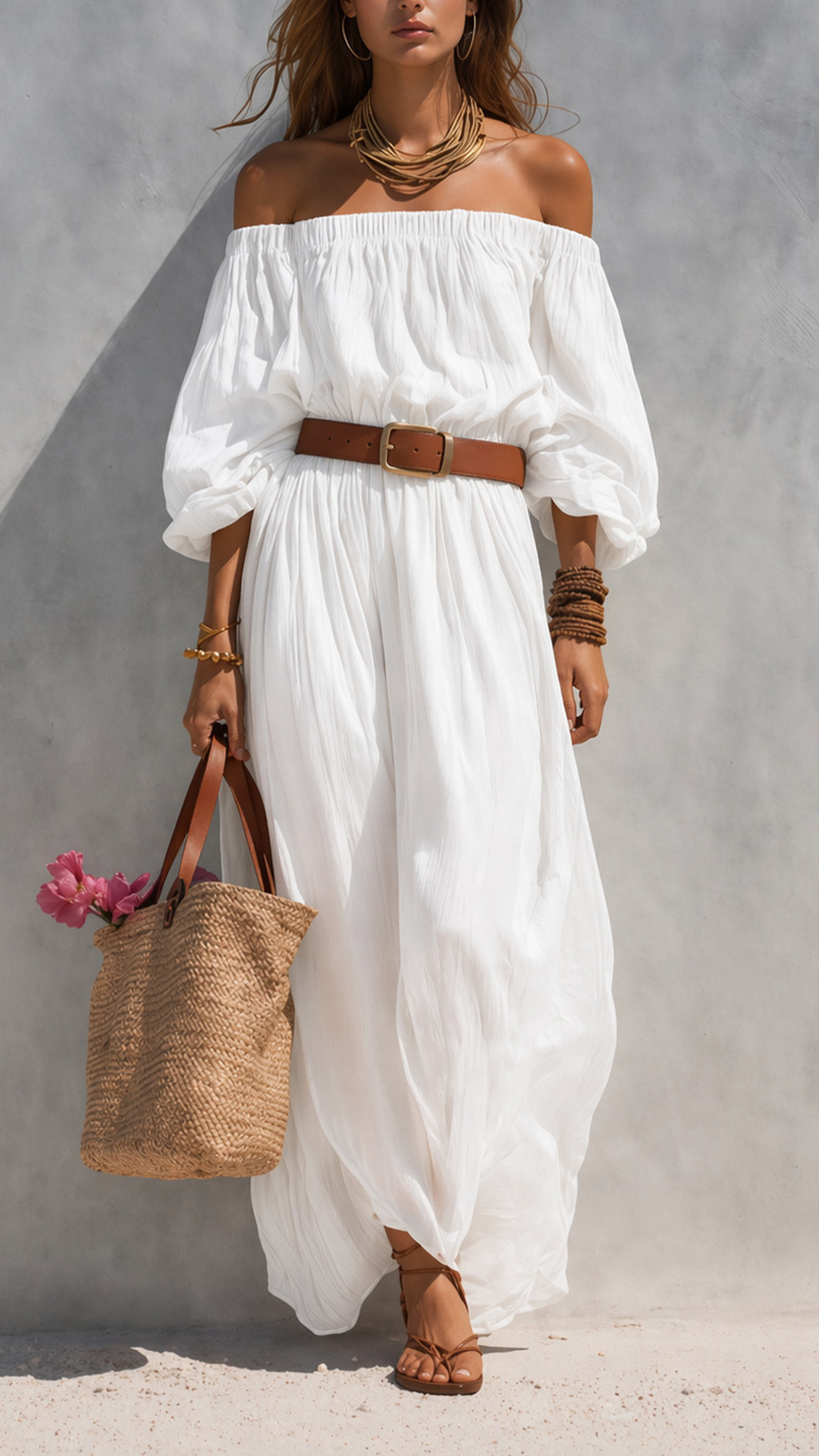 Women's Cotton‑blend Off‑the‑Shoulder Puff‑Sleeve Belted Wide‑Leg Jumpsuit - Nordfashionstorm - Women's Clothing, Fashion for You - Nordfashionstorm.com