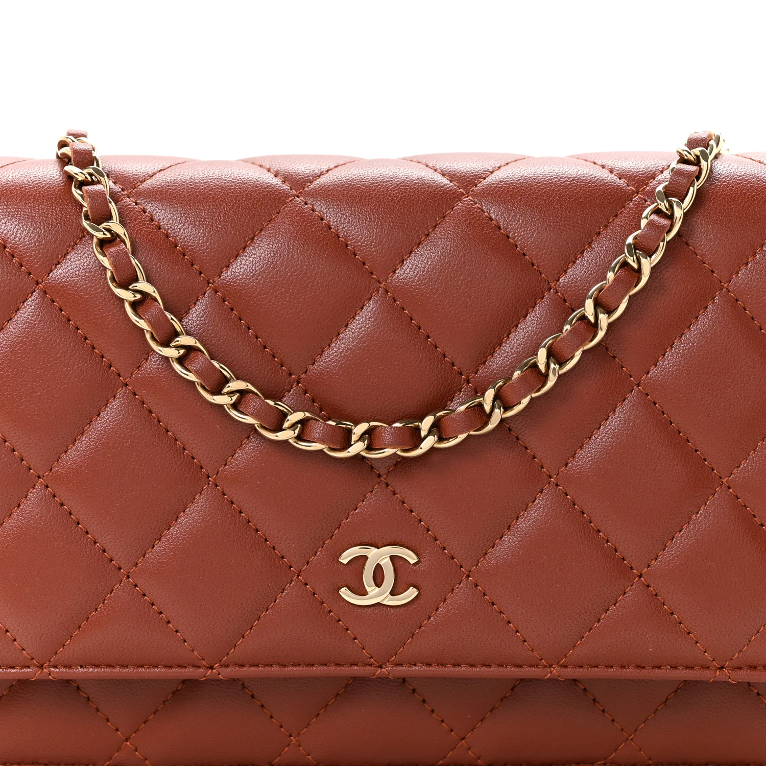 Lambskin Quilted Wallet On Chain WOC Brown - Top Club